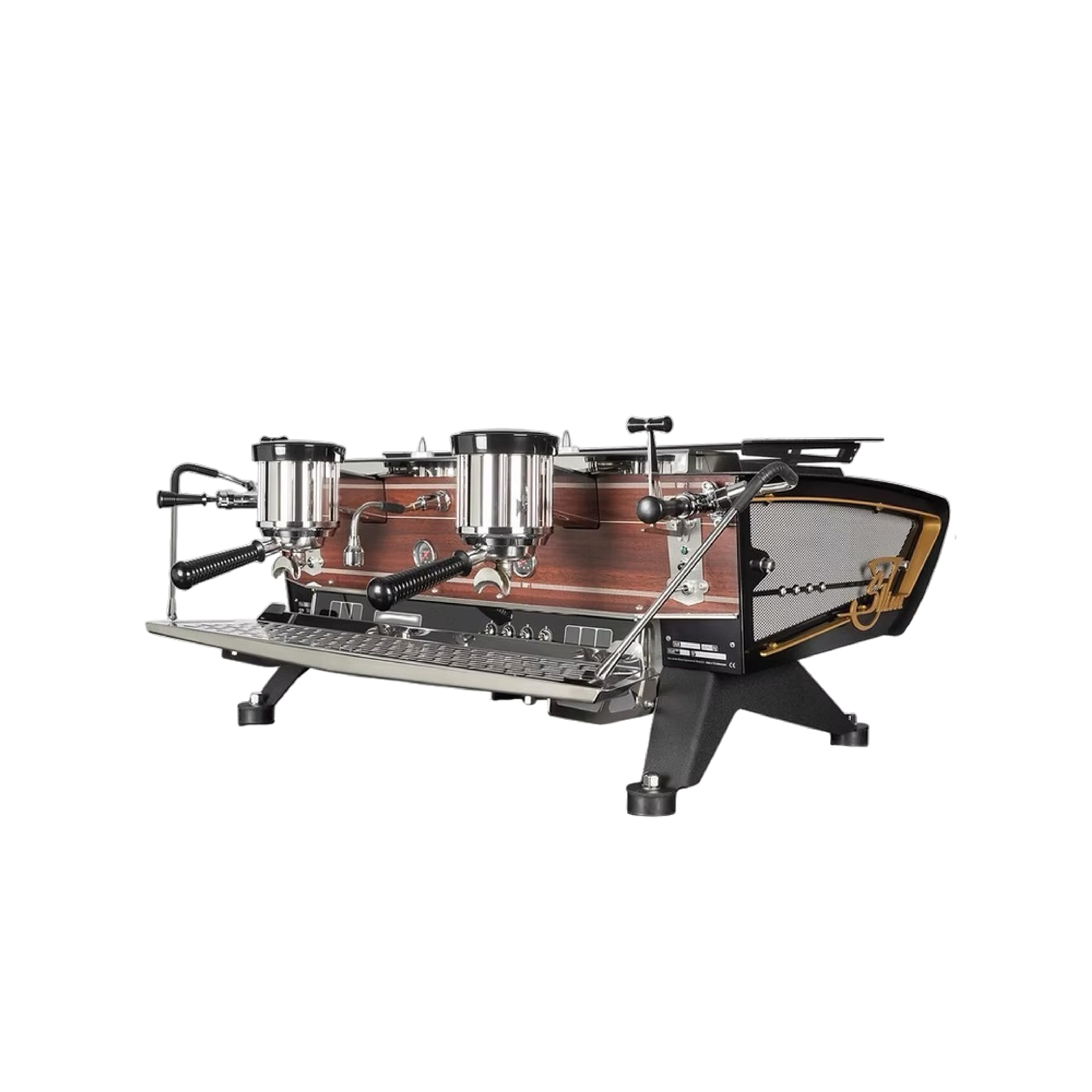 Kees Van Der Westen Slim Jim Commercial Espresso Machine duette. Front view of the machine with wooden look red mahogany front panel, boomerang side panel and bastone.