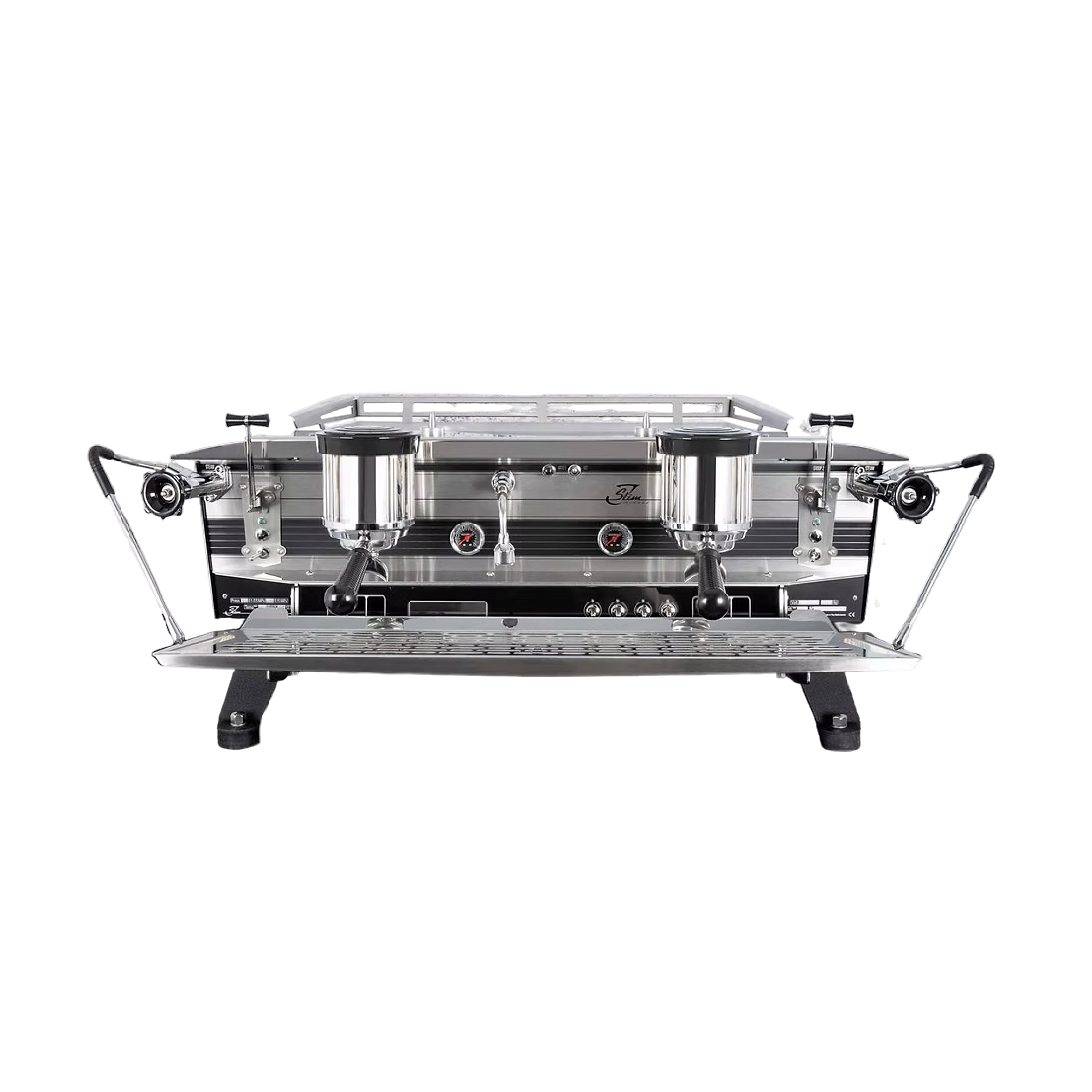 Kees Van Der Westen Slim Jim Commercial Espresso Machine duette . Front view of the machine with steel front panel, bastone and flip flop steam valve.