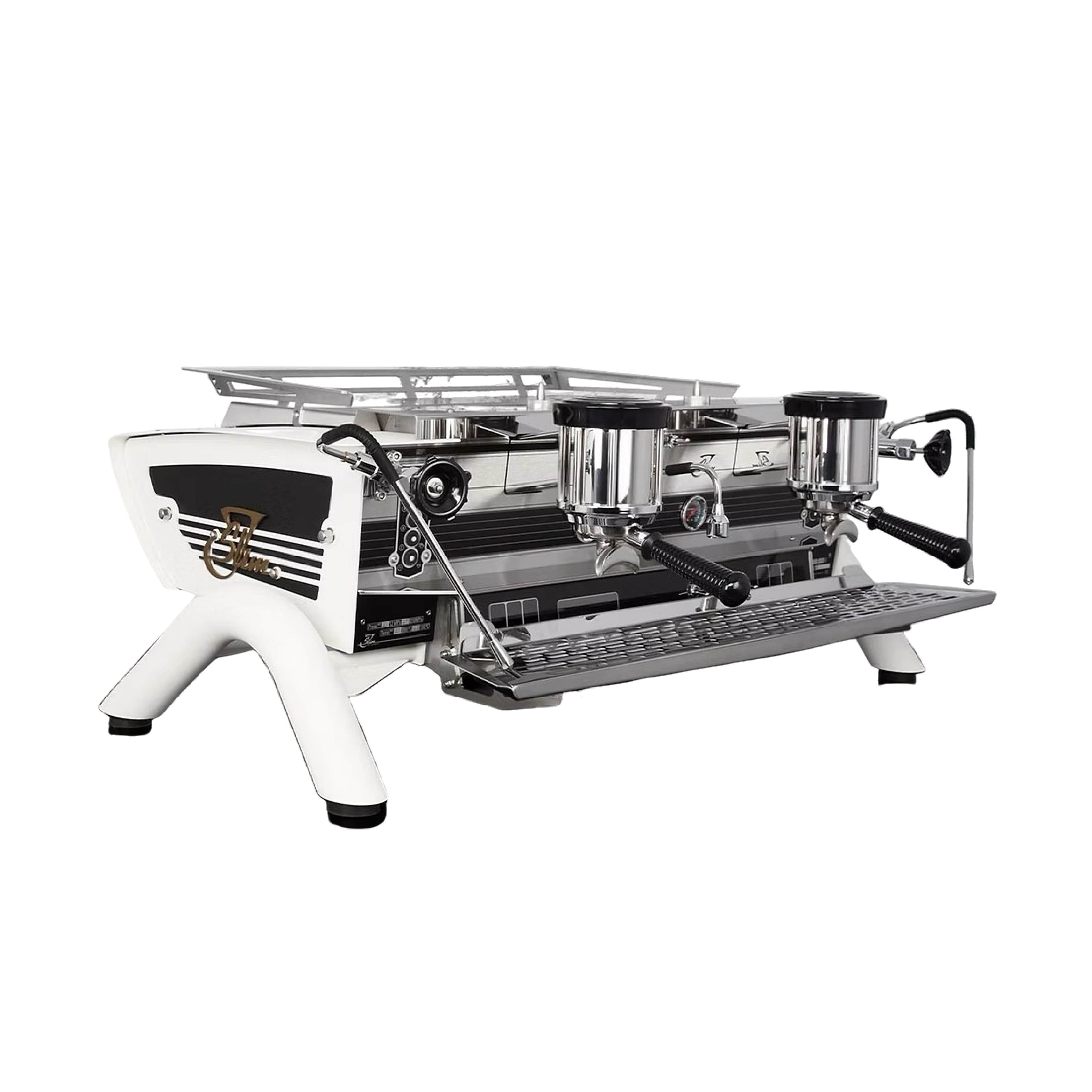 Kees Van Der Westen Slim Jim Commercial Espresso Machine duette. Front view of the machine with matte pure white body panel, matte pure white legs, key side panel with gold logo nand touchpad.
