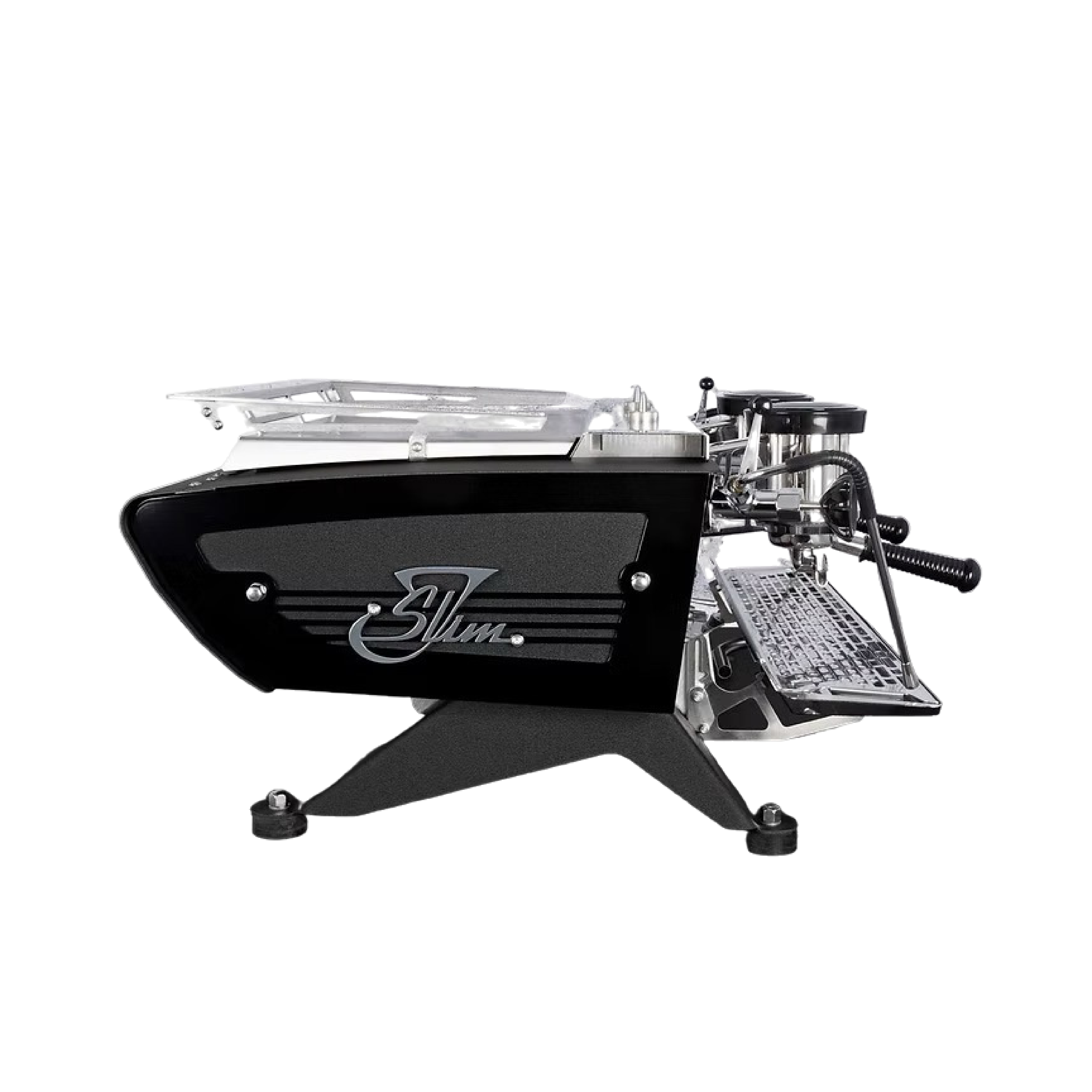 Kees Van Der Westen Slim Jim Commercial Espresso Machine. Side view of the machine with keyside panel and silver logo.