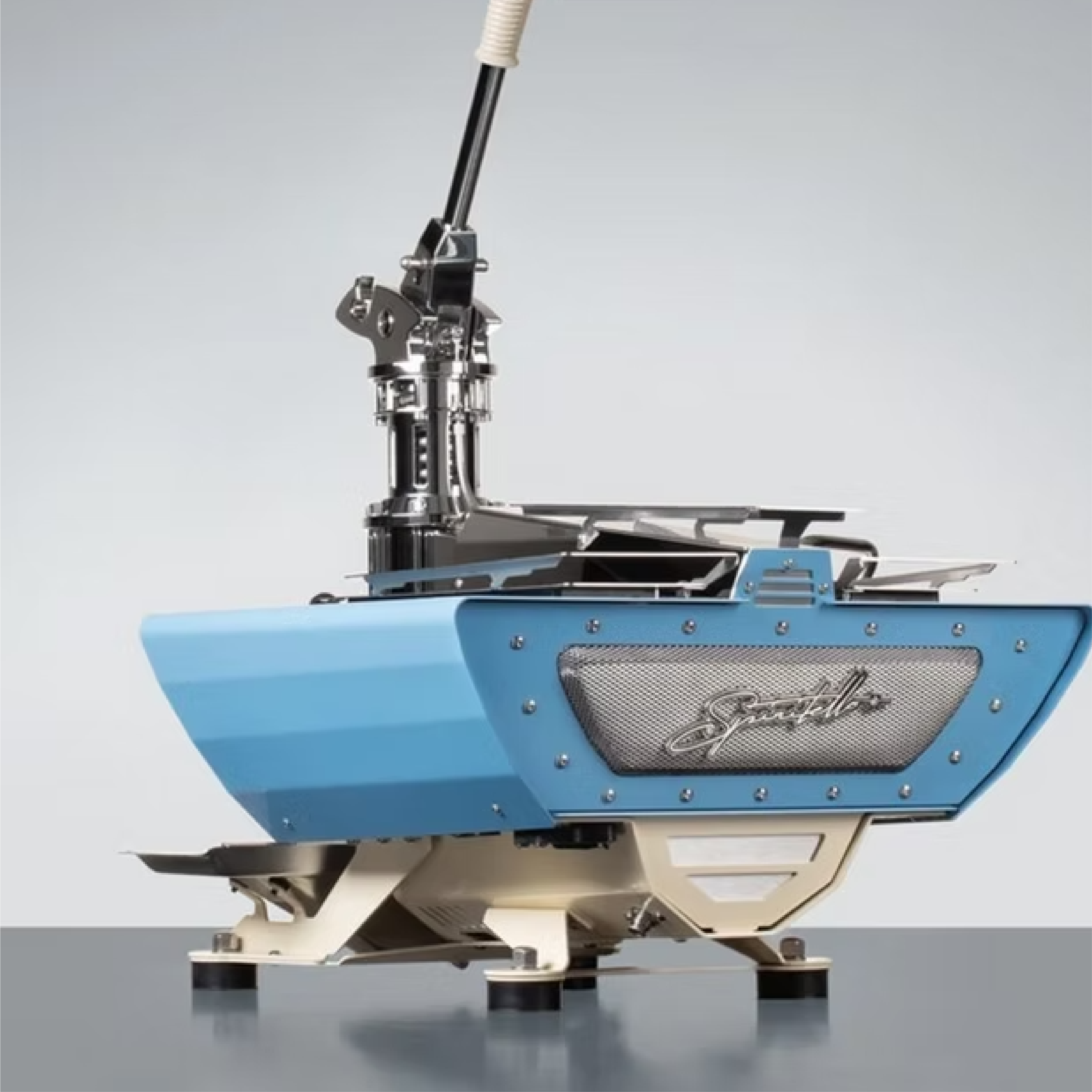 Kees Van Der Westen Spiritello in sky blue body panel and light ivory frame. Back view of the machine.