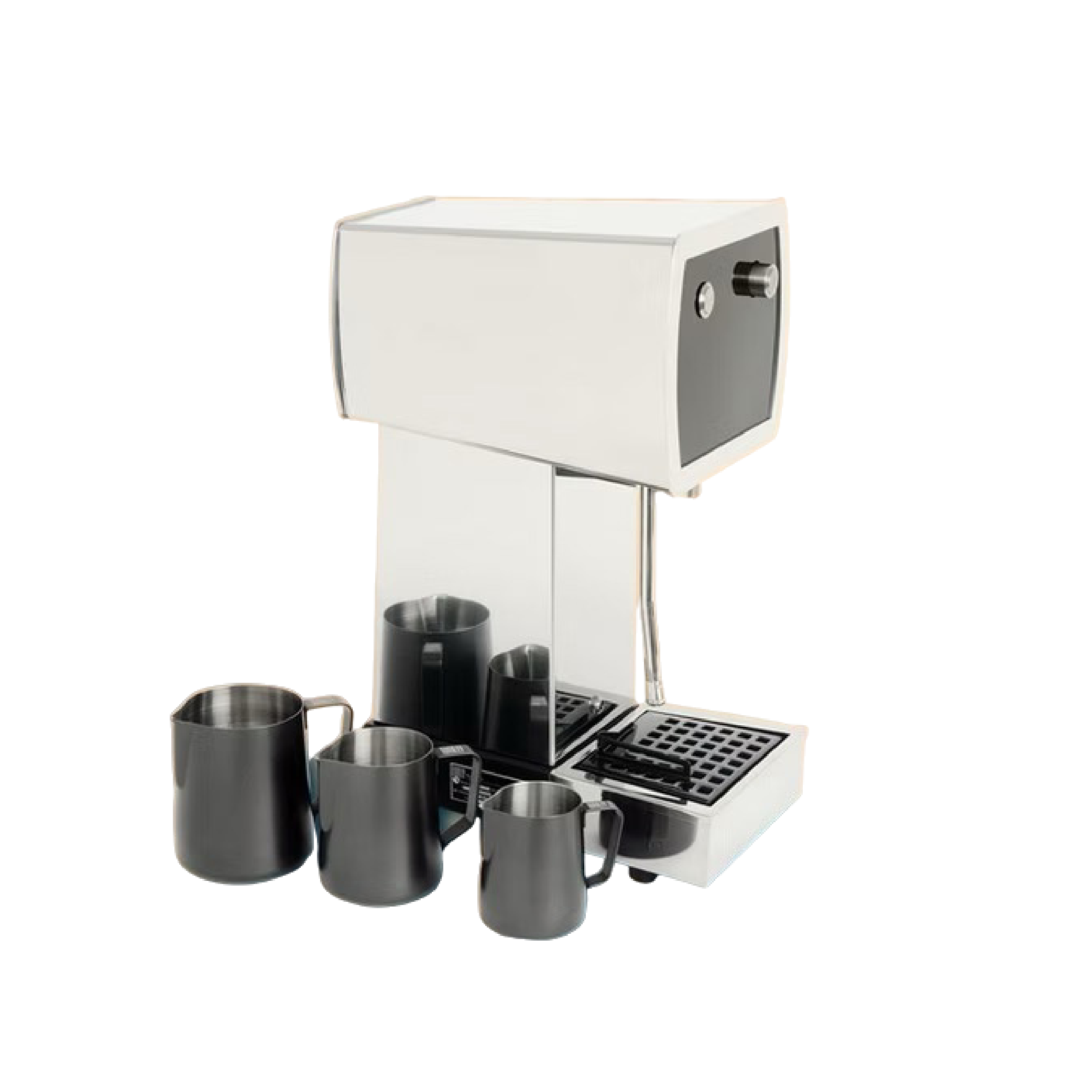 La Marzocco Wally Automatic Milk Steamer. Side view of the machine with 3 different pitcher size on the side.