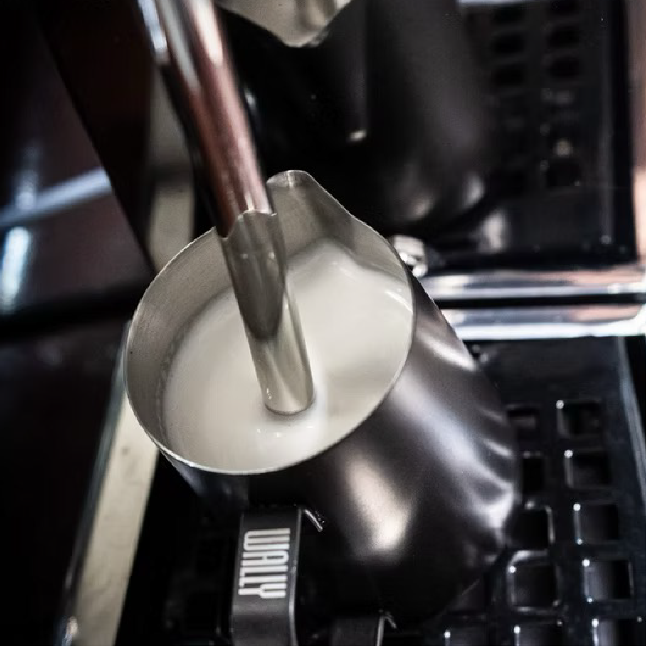 La Marzocco Wally Automatic Milk Steamer. Close up of steamwand frothing milk in a pitcher.