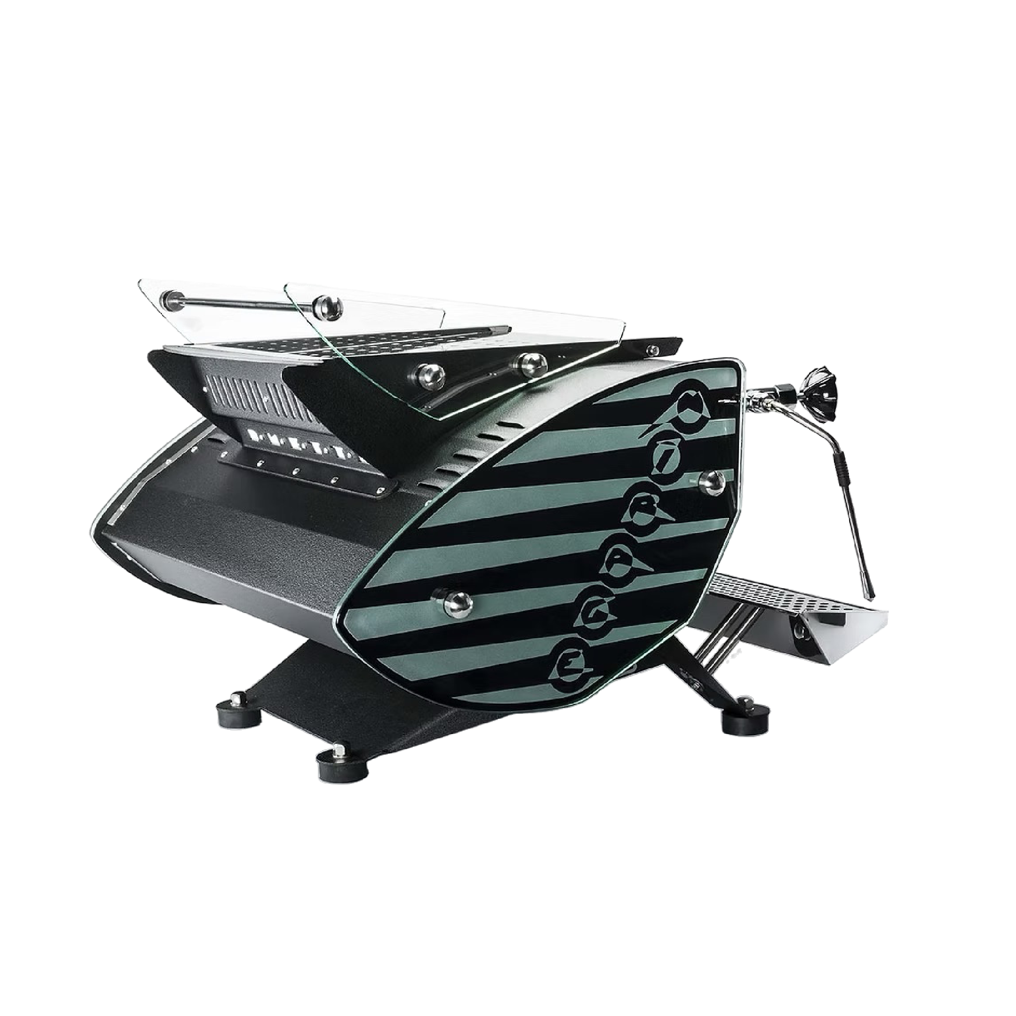 Kees Van Der Westen Mirage Duette. Back side view of the machine in crackle black with glass Mirage side panel.