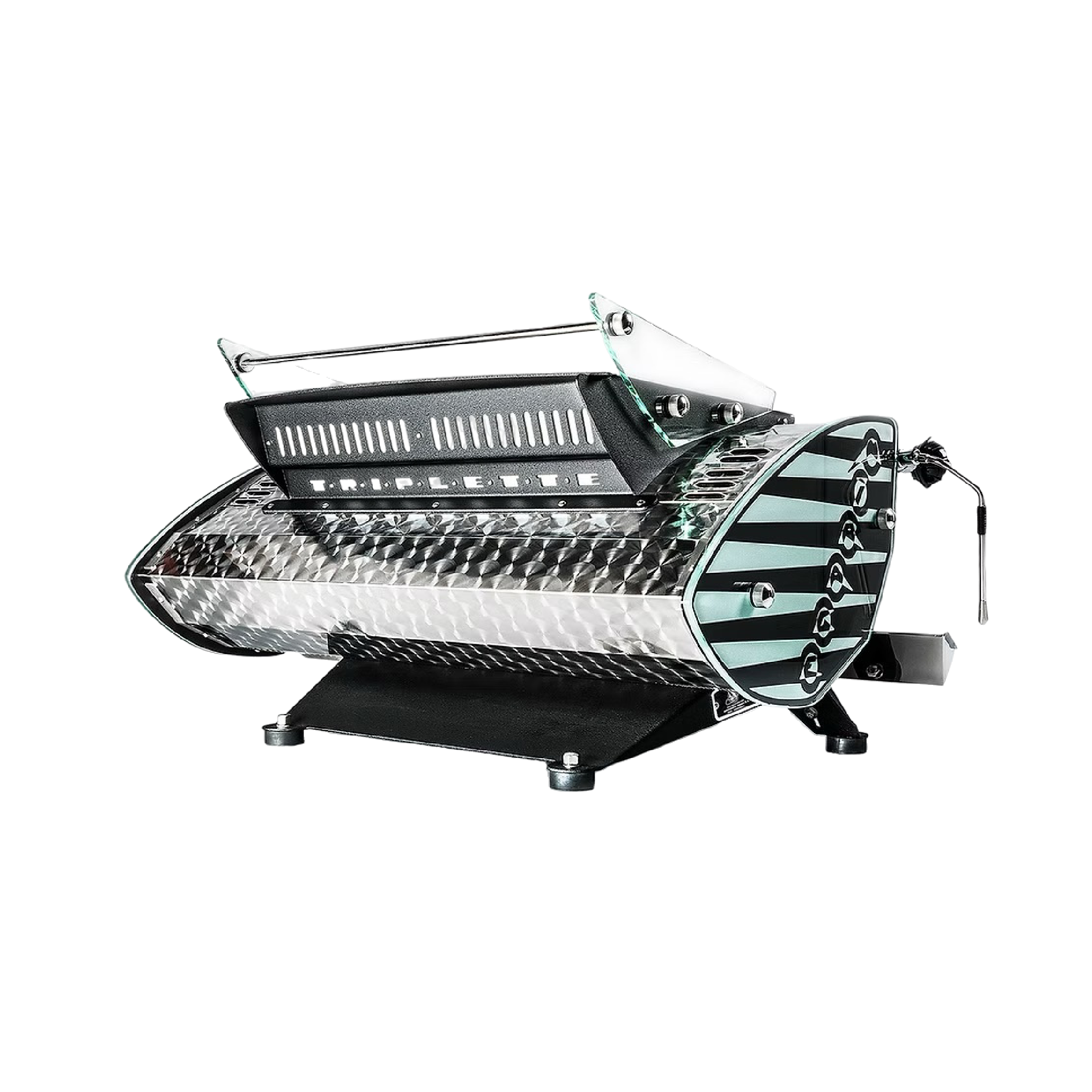 Kees Van Der Westen Mirage Duette. Side back view of the machine in engine-turned stainless steel body and glass Mirage side panel.