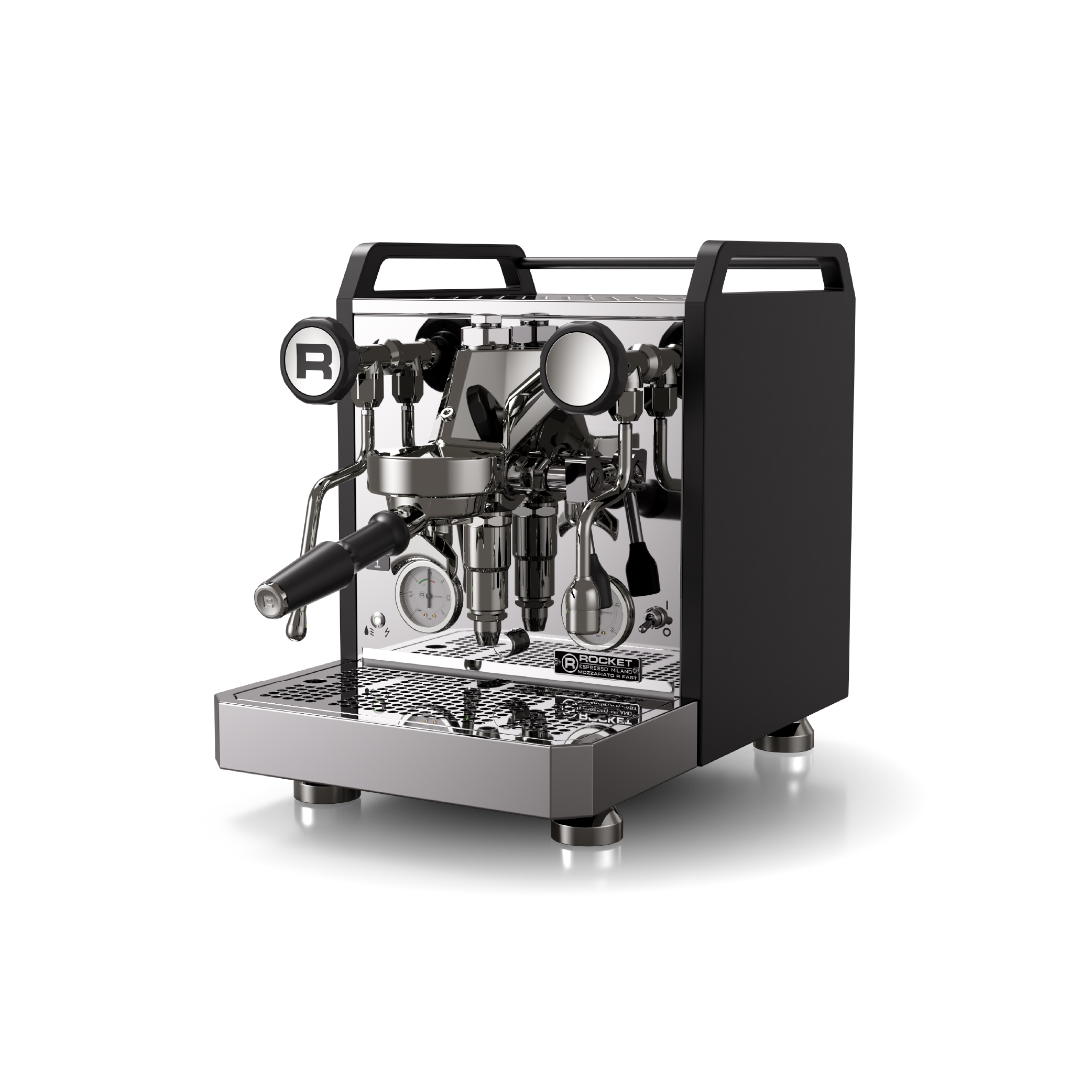 Rocket Mozzafiato R Fast Espresso Machine in matt black. Front view of the machine.