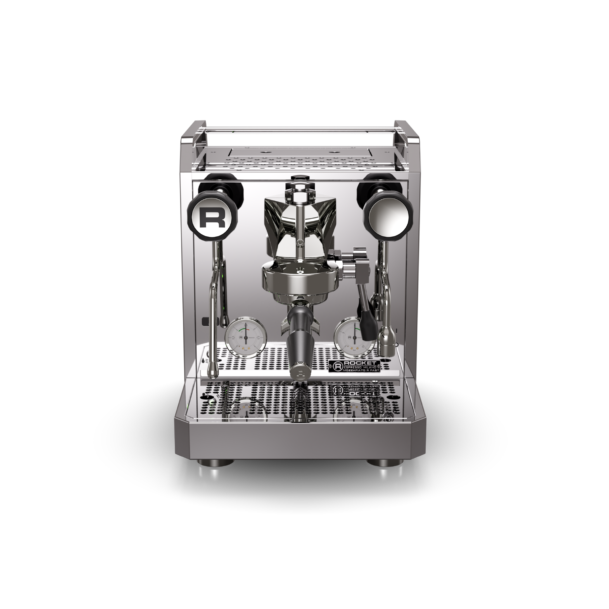 Rocket Mozzafiato R Fast Espresso Machine in stainless steel. Front view of the machine.
