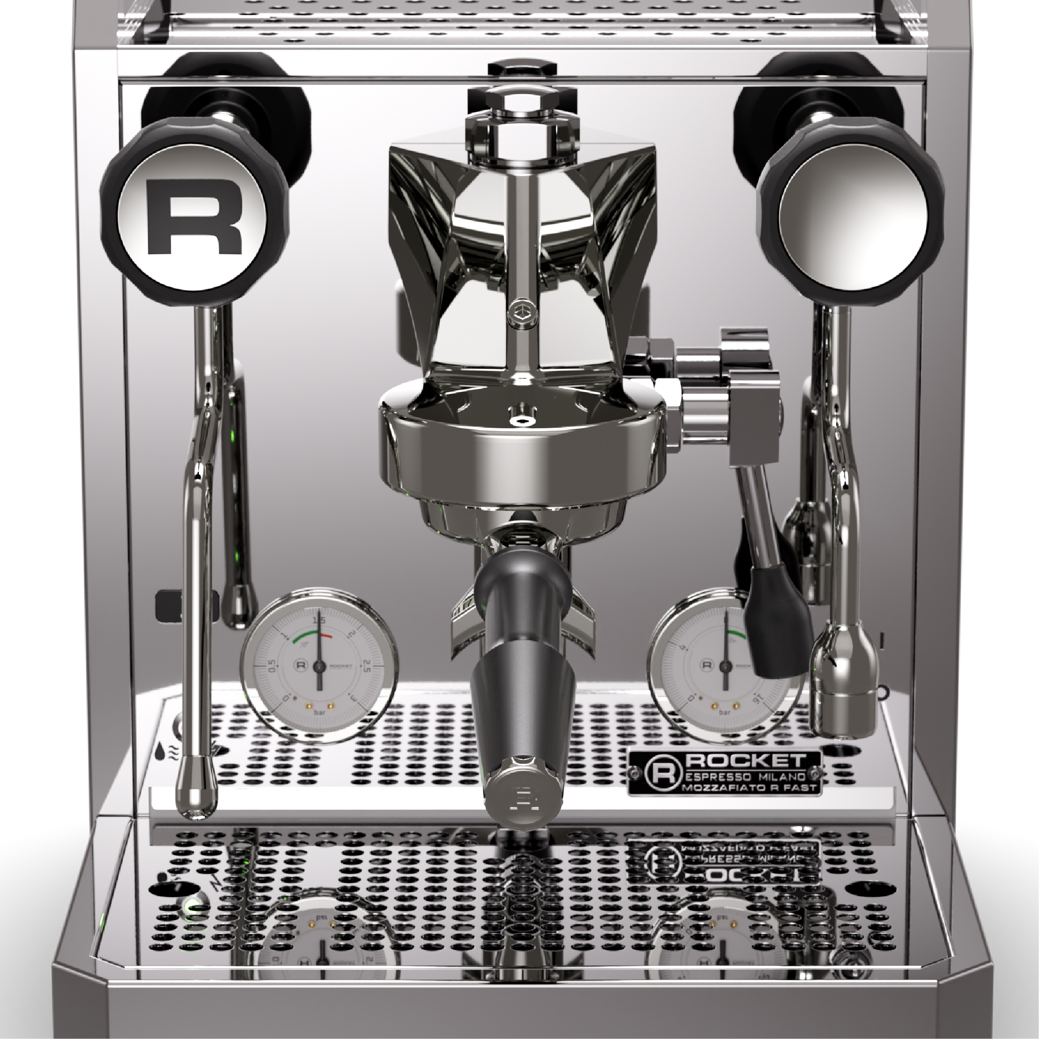 Rocket Mozzafiato R Fast Espresso Machine in stainless steel. Close up front view of the machine.