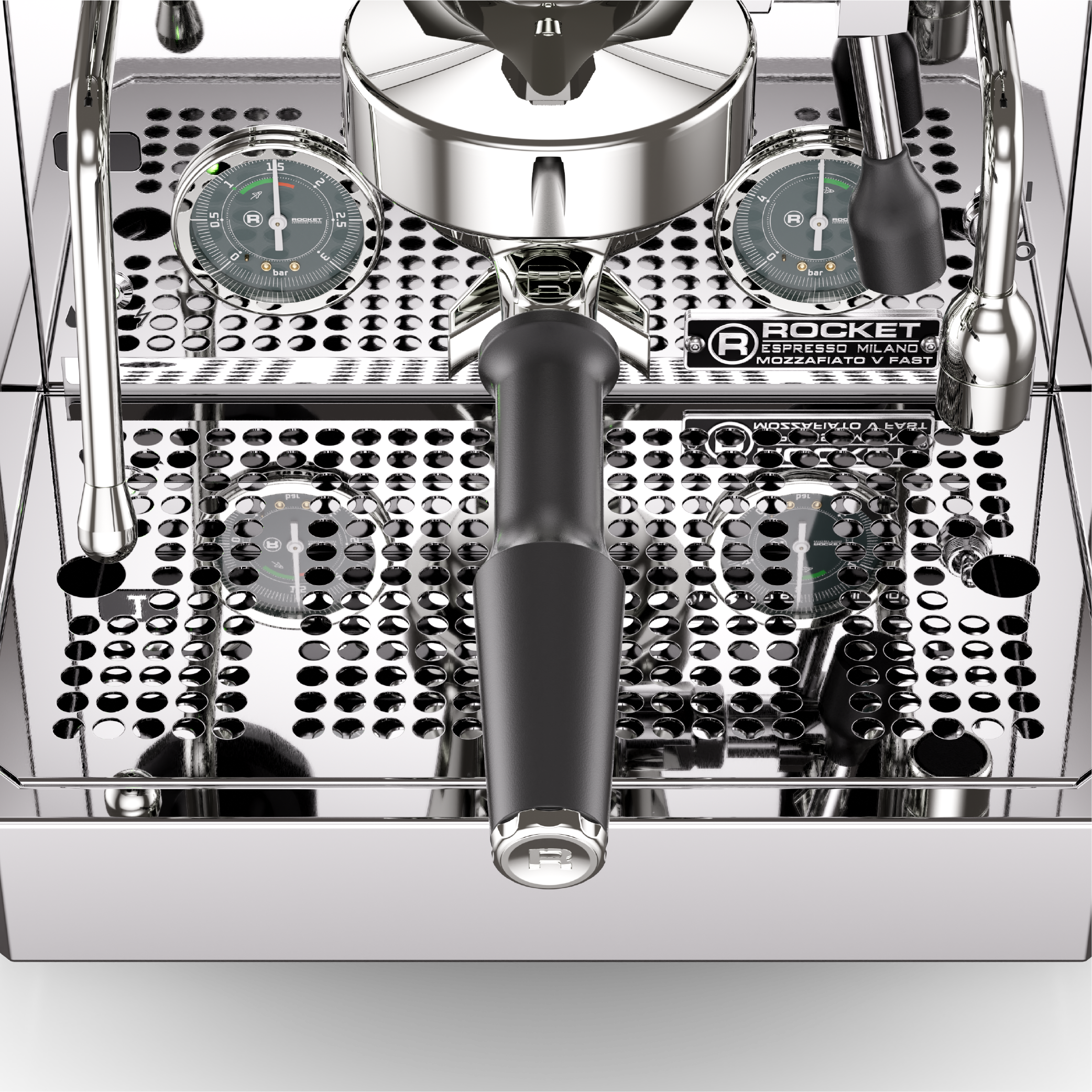 Rocket Mozzafiato V Fast Espresso Machine. Close up top front view of the machine.