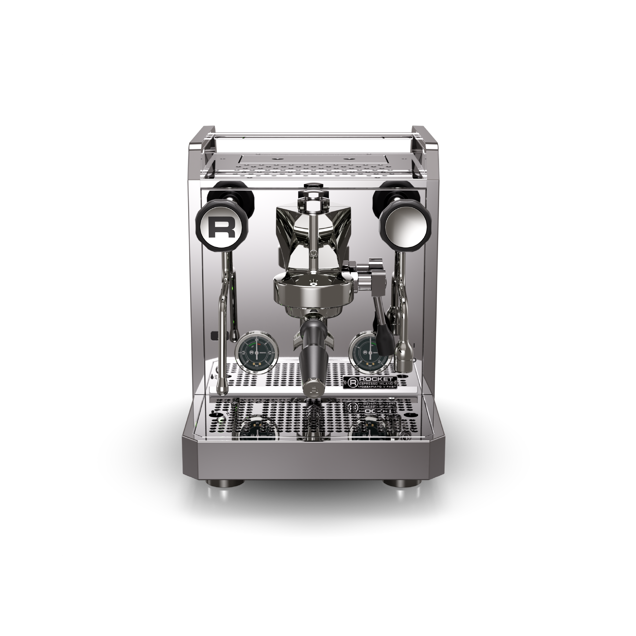 Rocket Mozzafiato V Fast Espresso Machine in stainless steel. Front view of the machine.