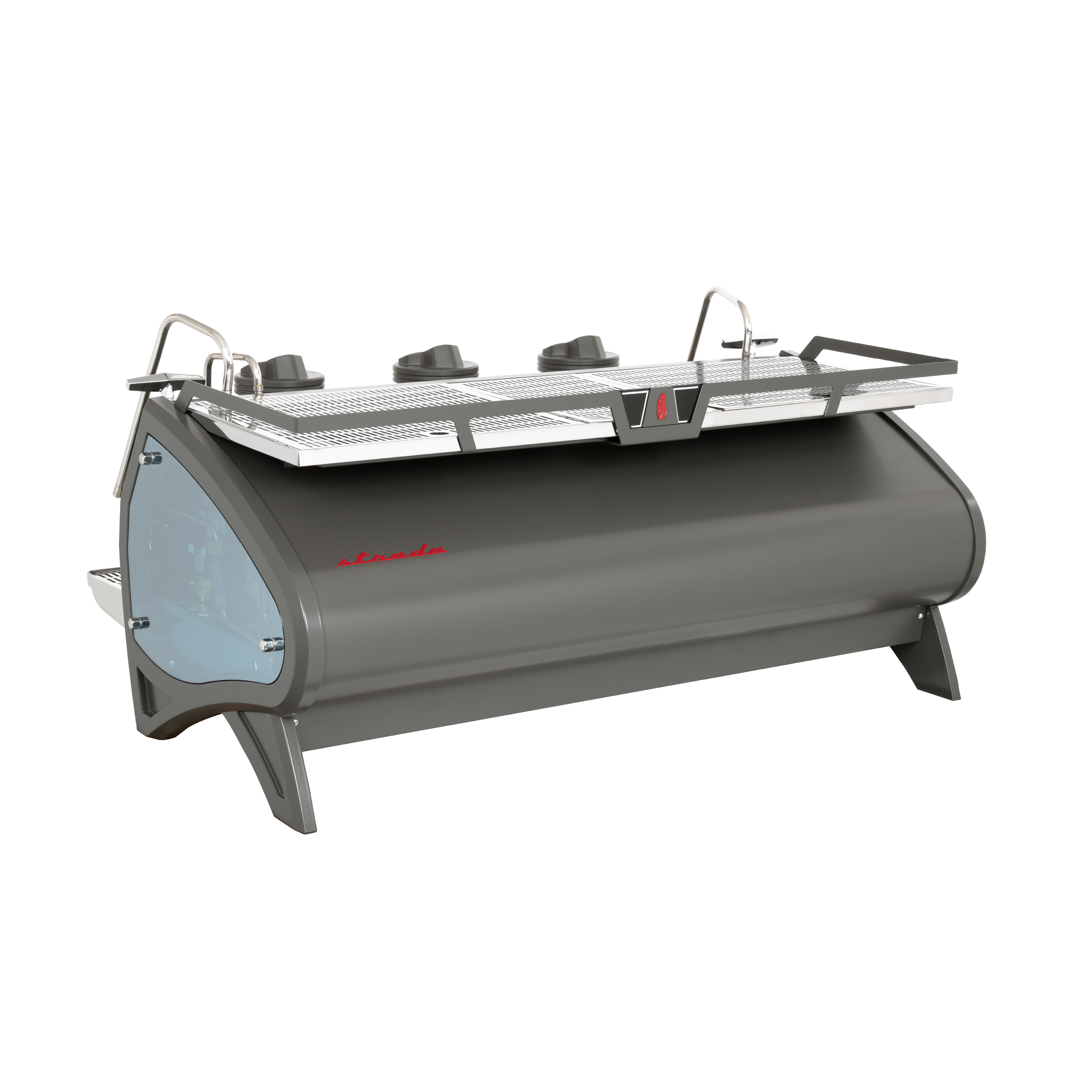La Marzocco Strada S Commercial Espresso Machine. Front view of the machine in gray with 3 groupheads and glass side panel.