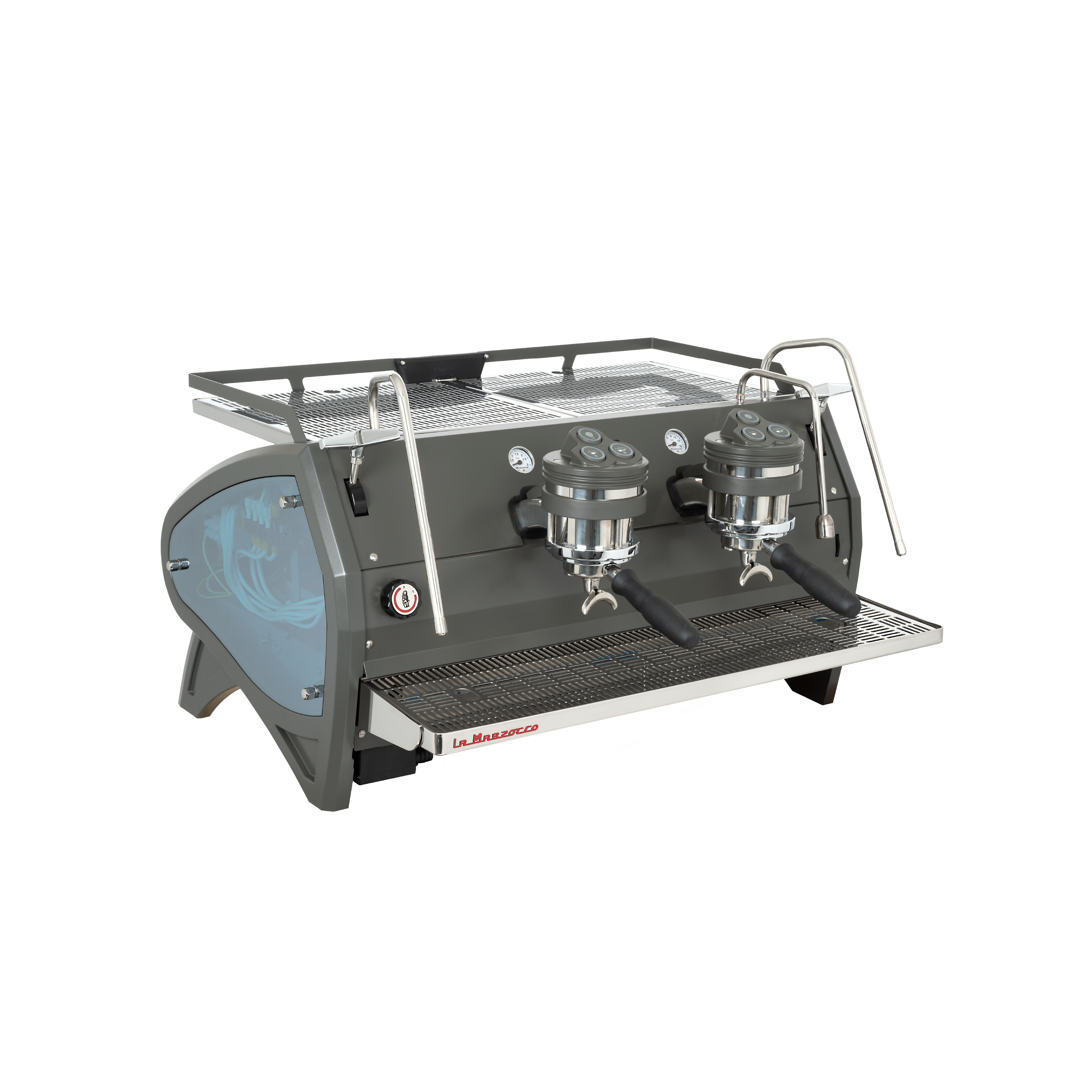 La Marzocco Strada S Commercial Espresso Machine. Front view of the machine in gray with 2 groupheads and glass side panel.