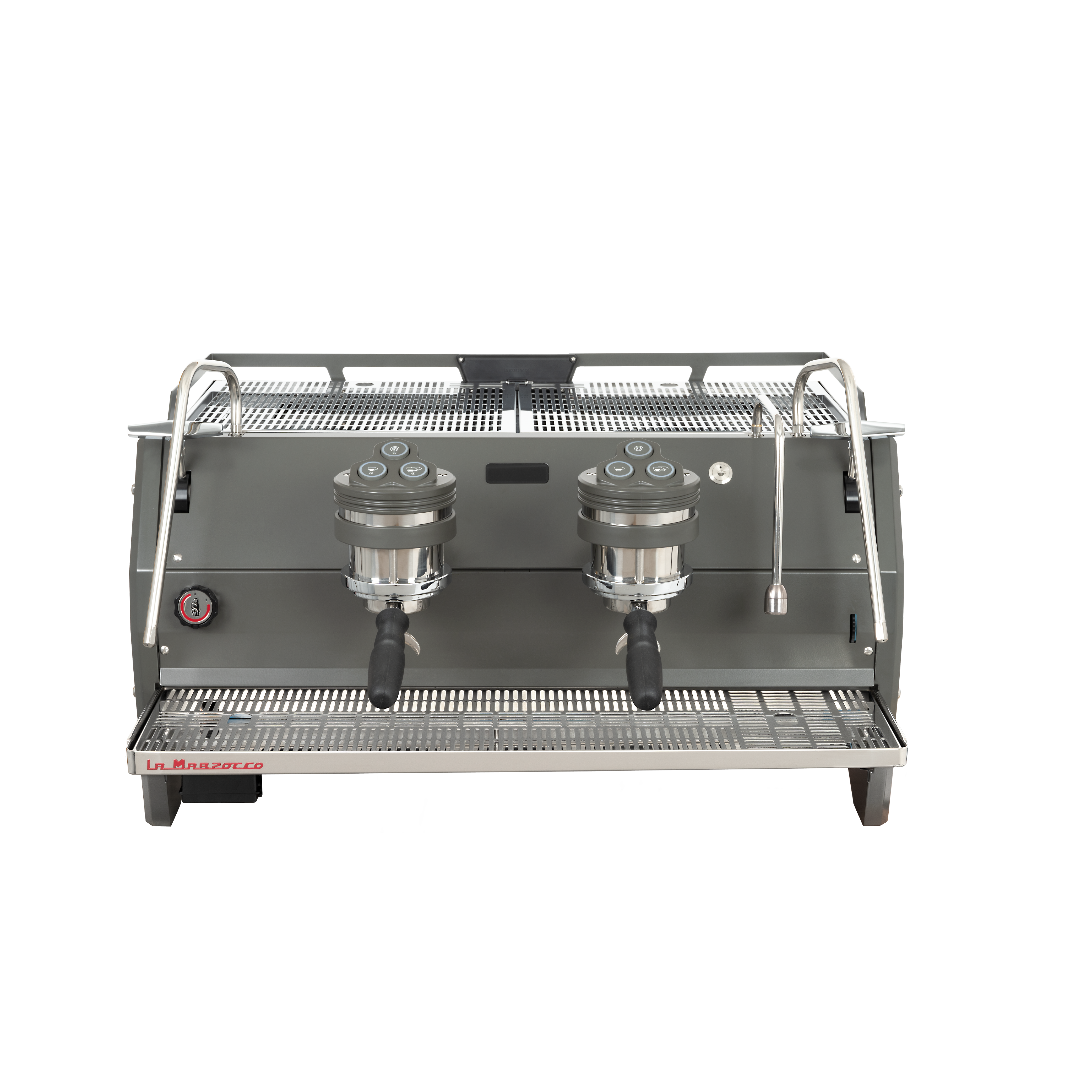 La Marzocco Strada S Commercial Espresso Machine. Front view of the machine in gray with 2 groupheads.