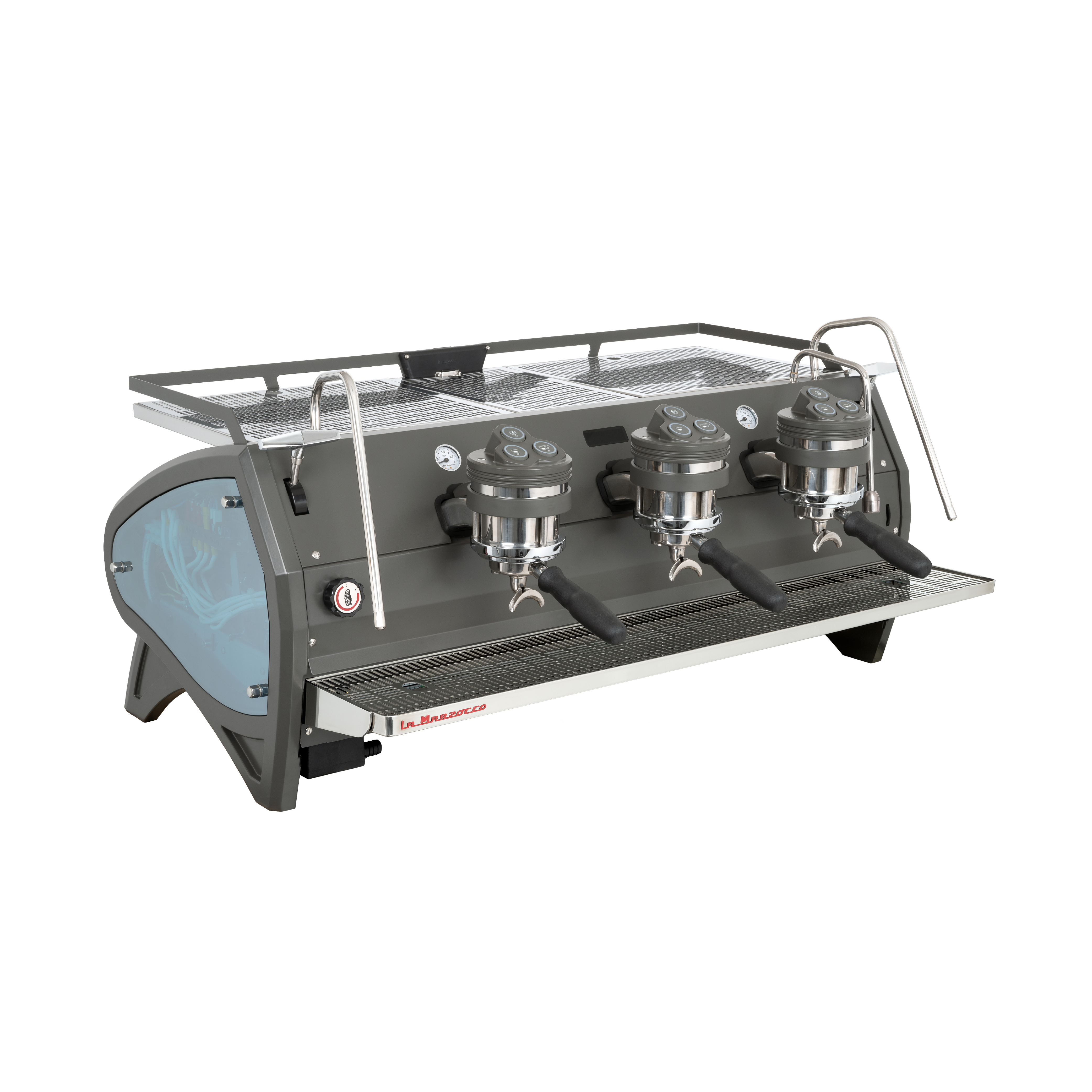 La Marzocco Strada S Commercial Espresso Machine. Front view of the machine in gray with 3 groupheads.