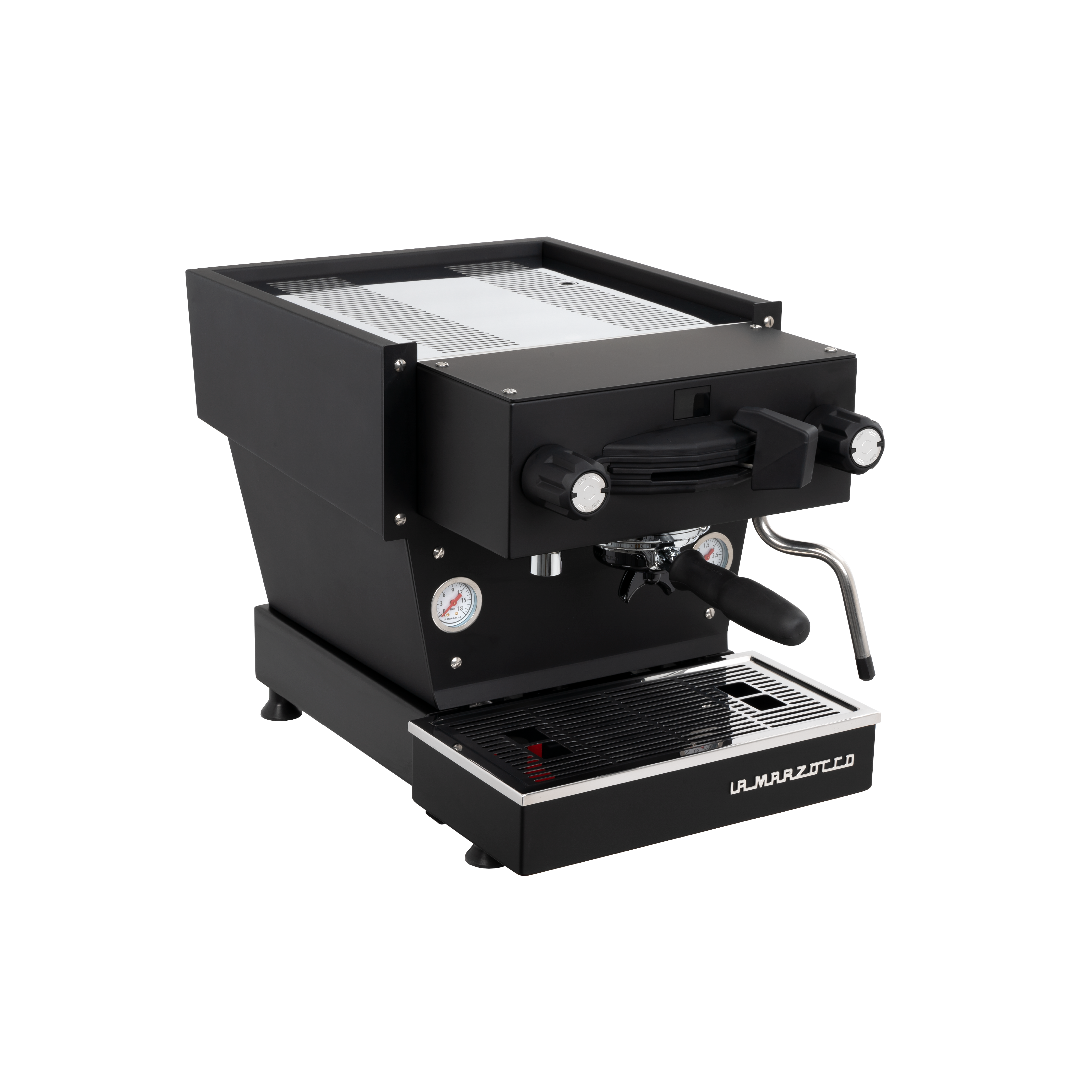 La Marzocco Linea Mini Espresso Machine. Front view of the machine in matte black.