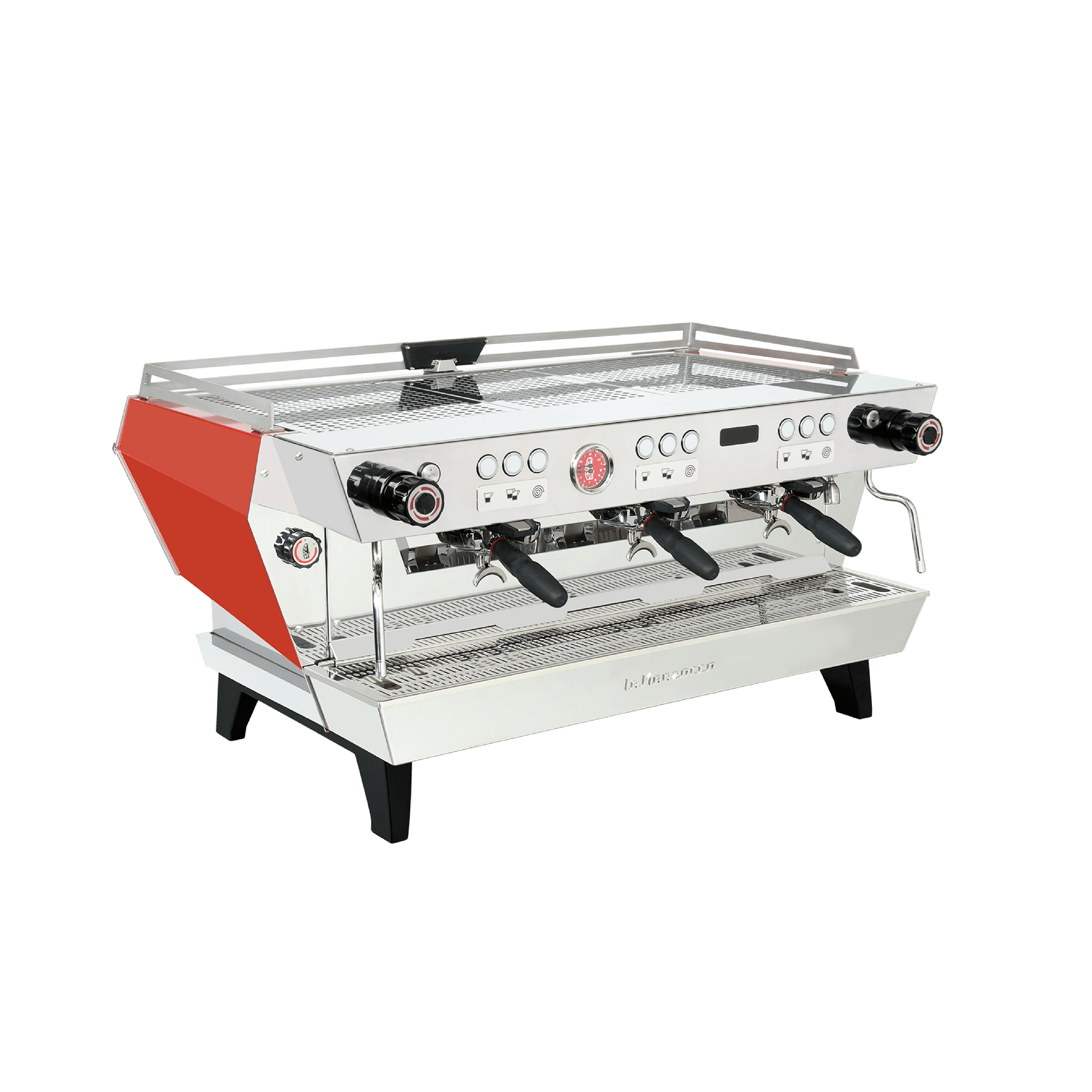 La Marzocco KB90 Commercial Espresso Machine 3 grouphead. Front view of the machine.