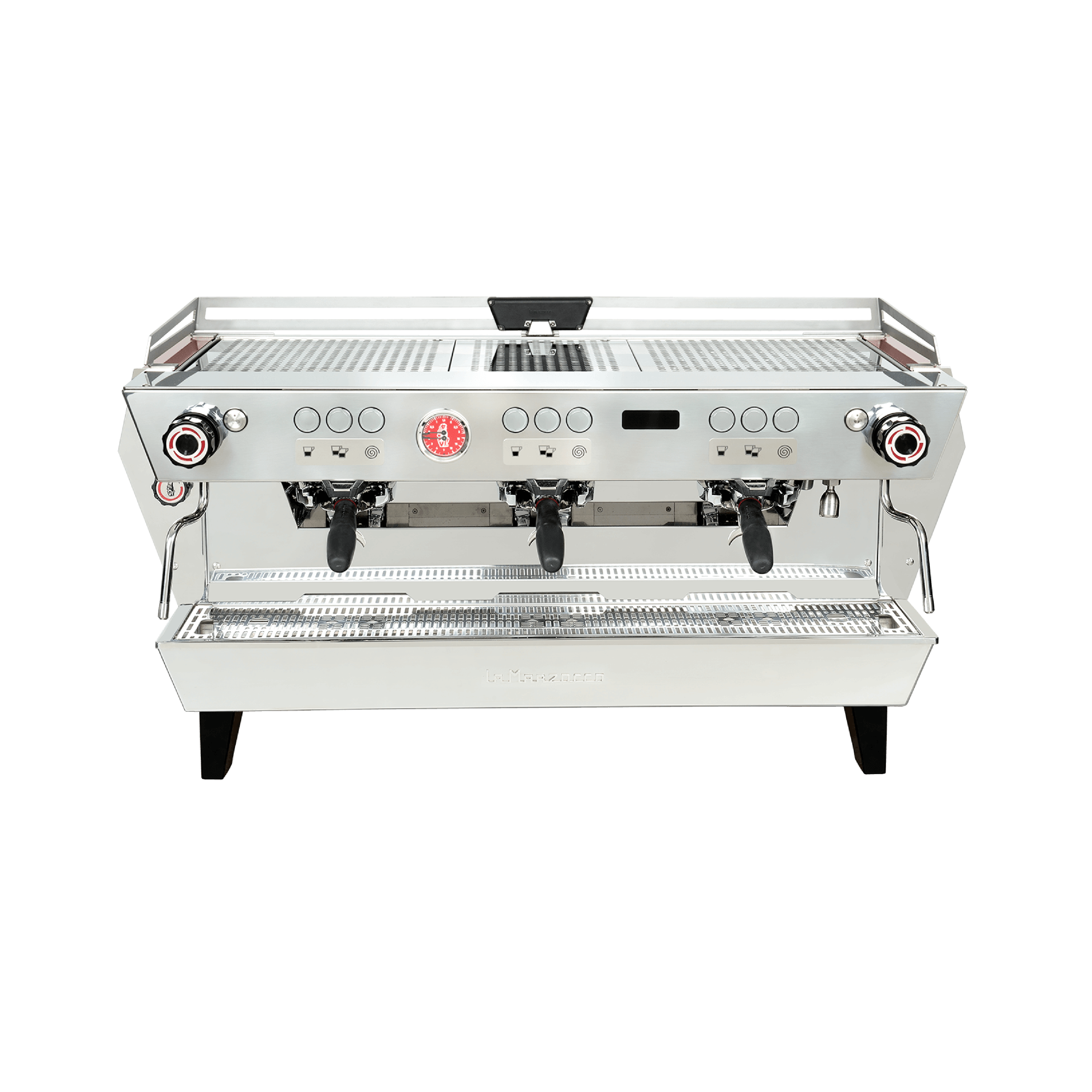 La Marzocco KB90 Commercial Espresso Machine 3 grouphead. Front view of the machine.