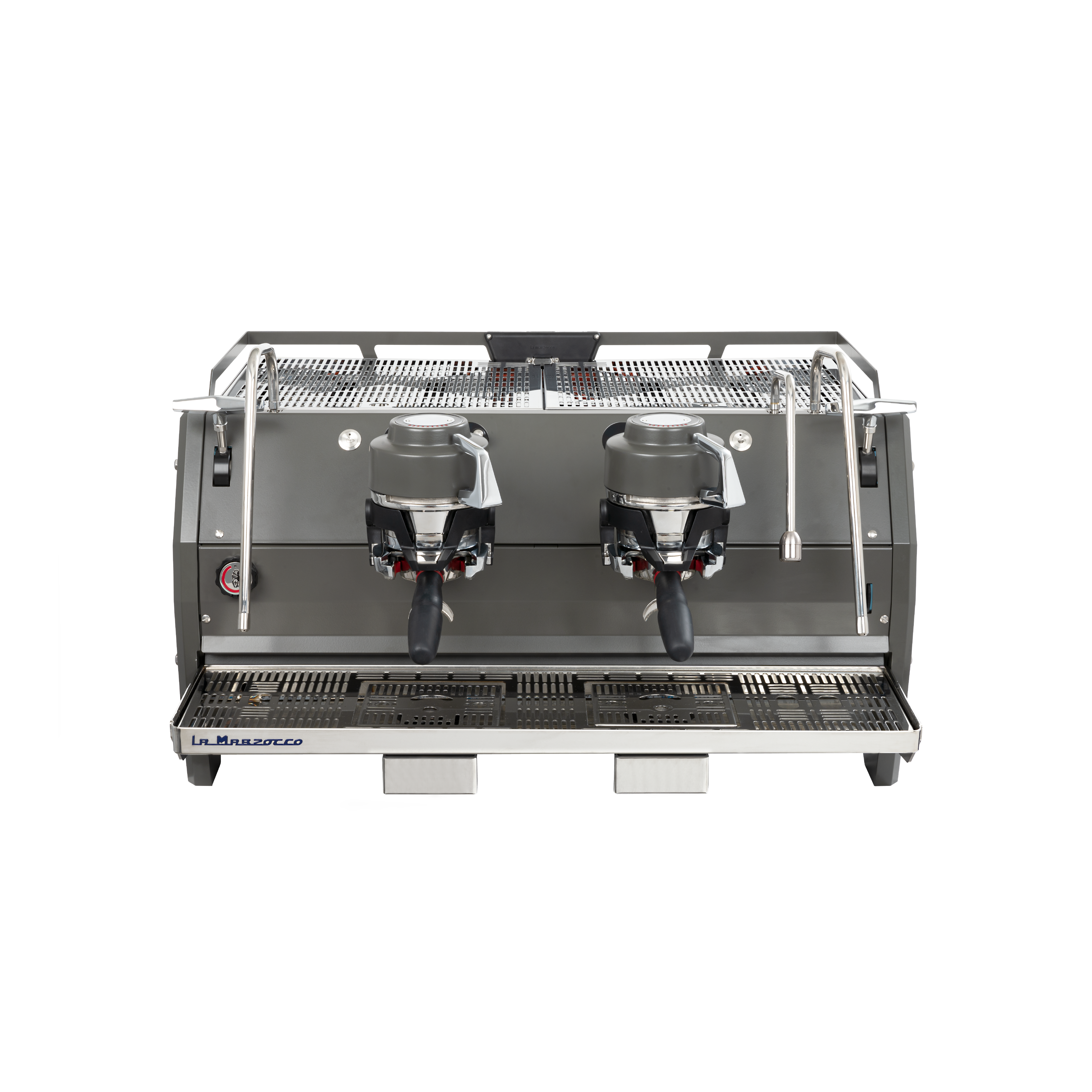La Marzocco Starda X Commercial Espresso Machine. Front view of the machine in gray with 2 groupheads.