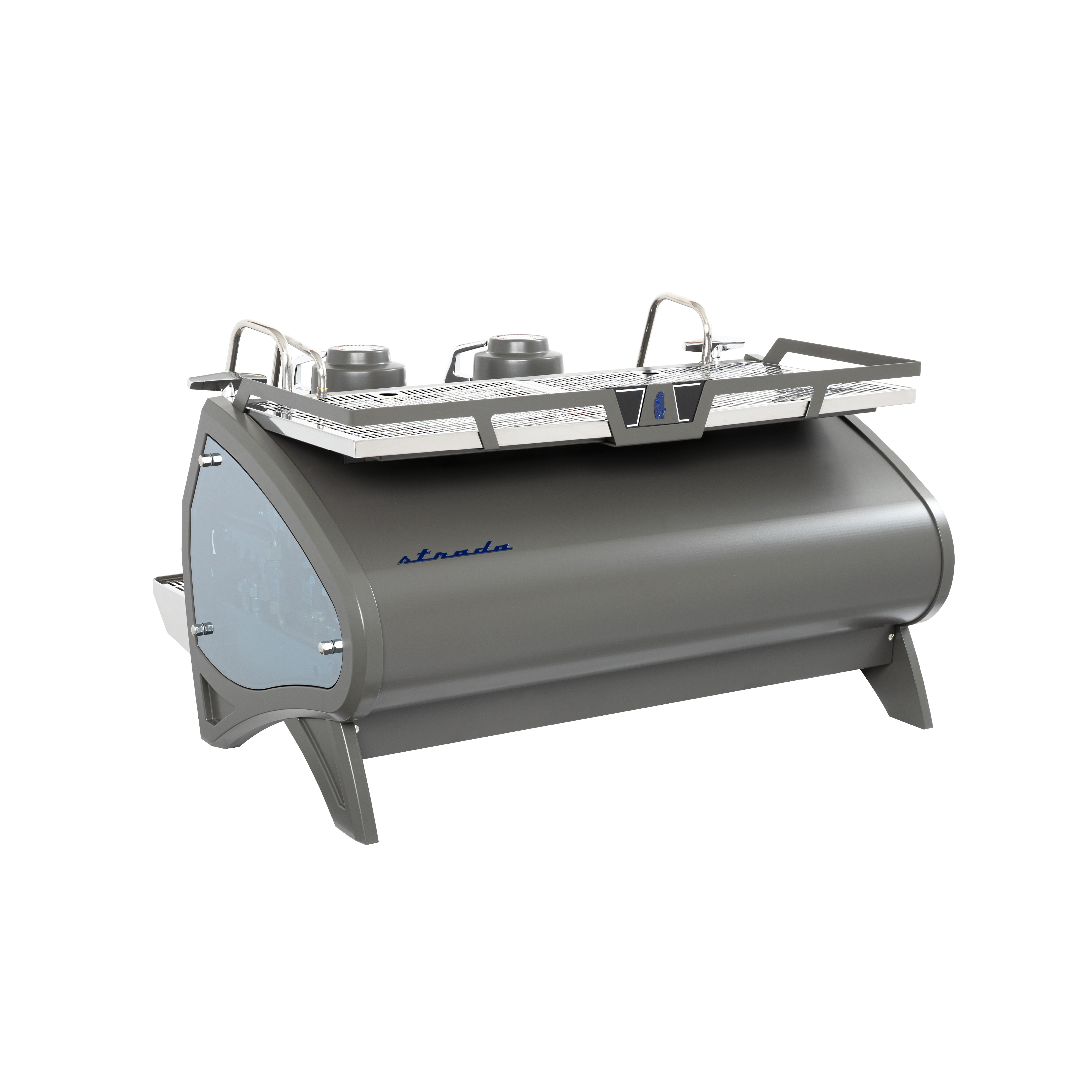 La Marzocco Starda X Commercial Espresso Machine. Back side view of the machine in gray with 2 groupheads.