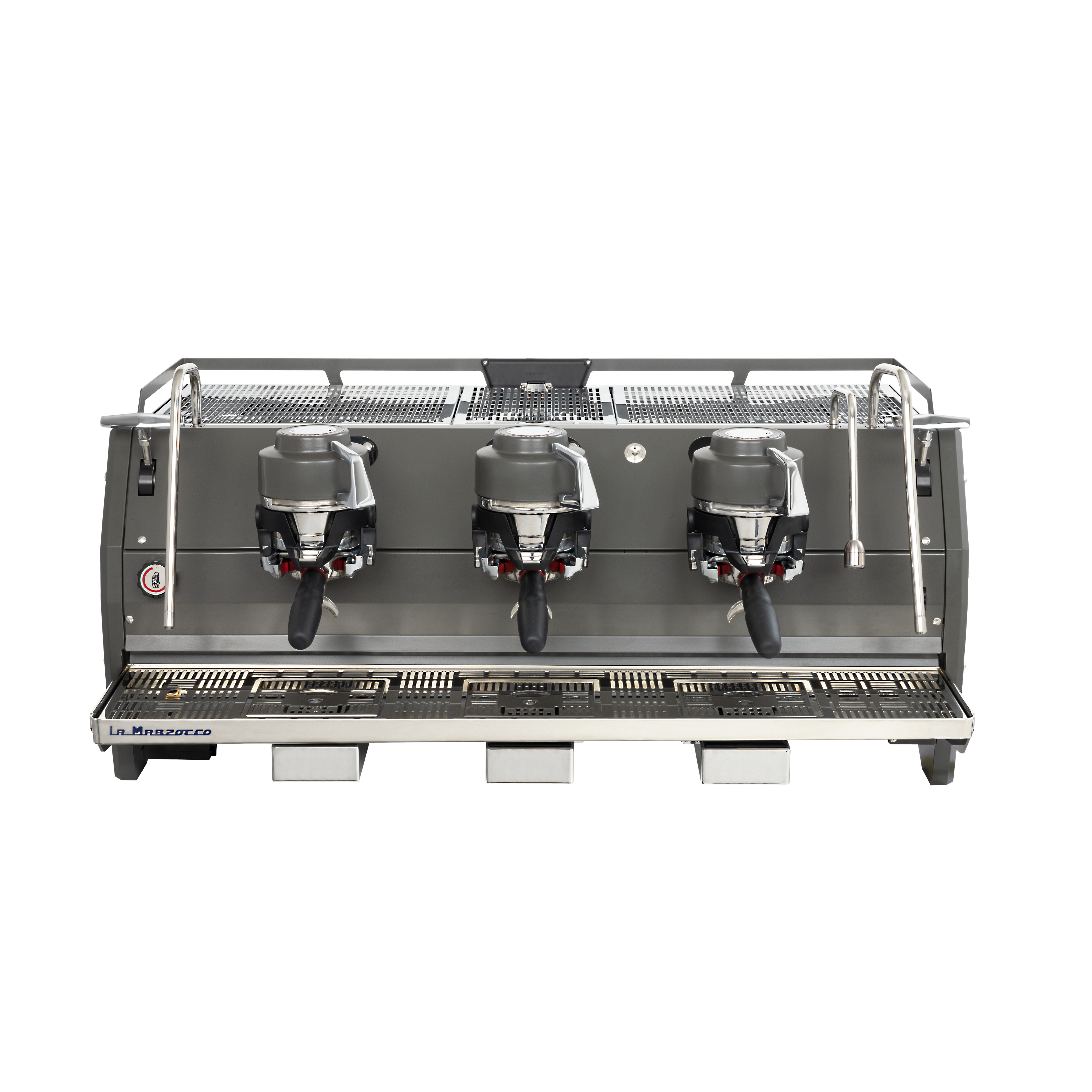 La Marzocco Starda X Commercial Espresso Machine 3 groupheads in gray. Front view of the machine.