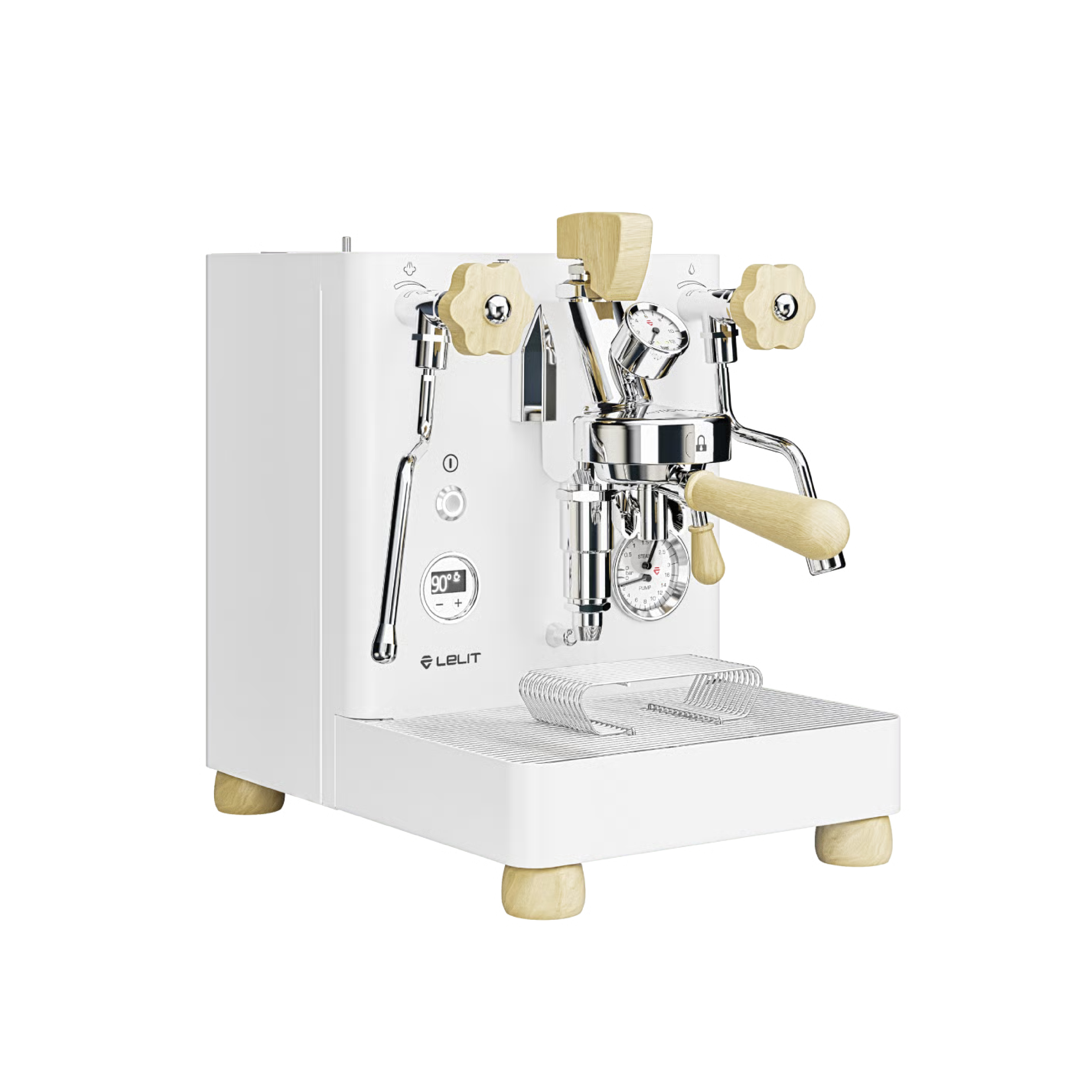 Lelit Bianca V3 Espresso Machine in white. Front view of the machine.