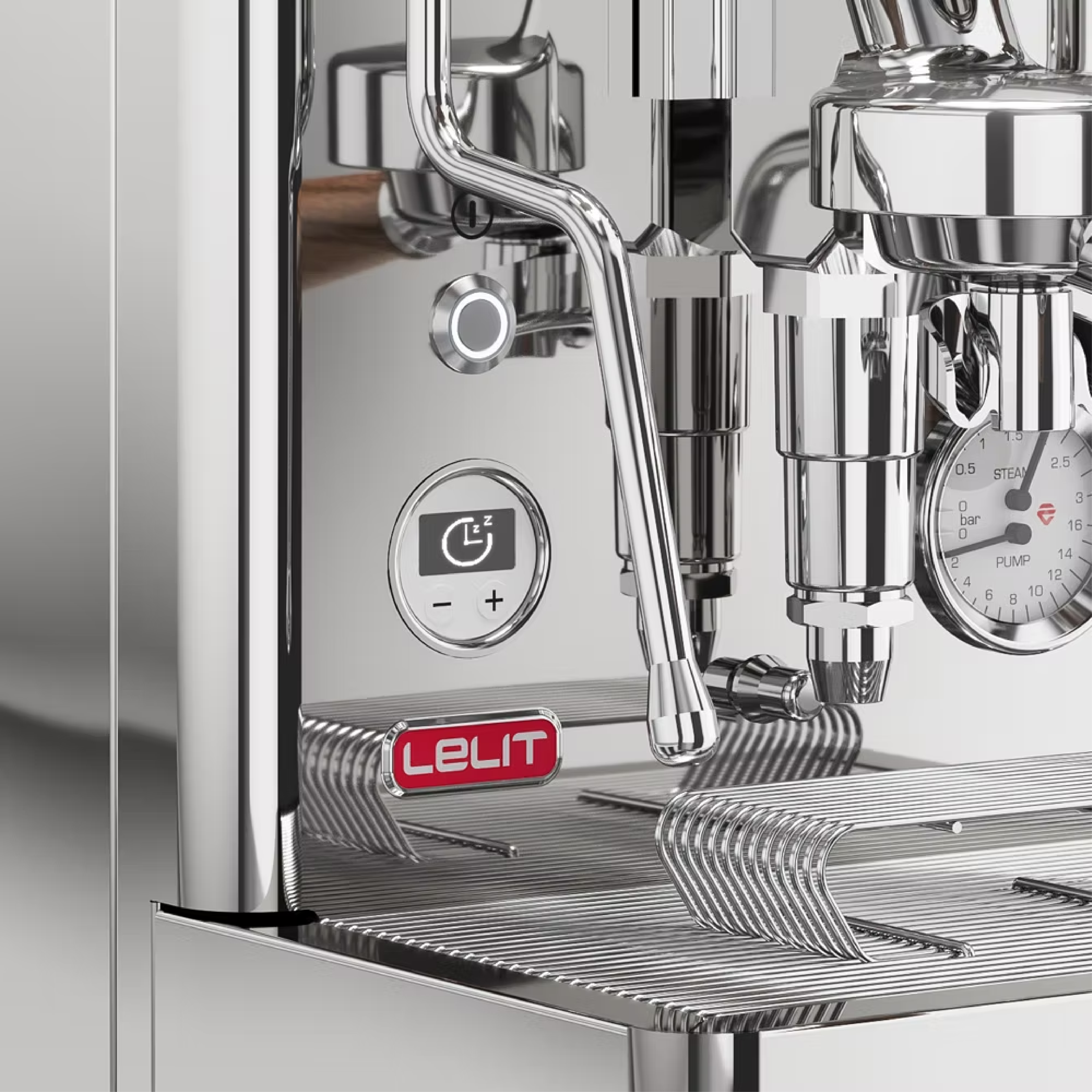 Lelit Bianca V3 Espresso Machine in polished stainless steel. Close up front view of LCC on sleep mode and anti-burn wand.