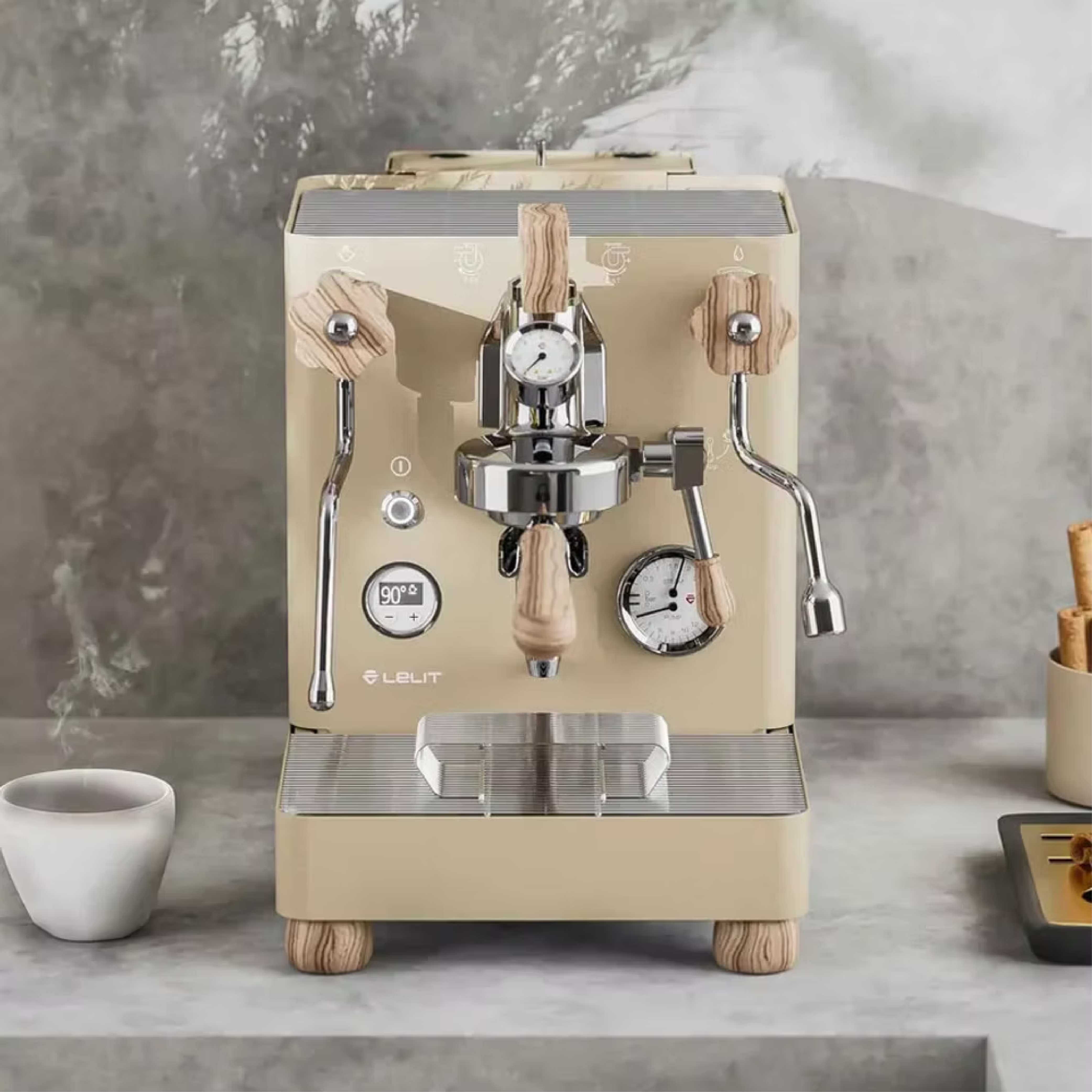 Lelit Bianca V3 Espresso Machine in gold. Front view of the machine.