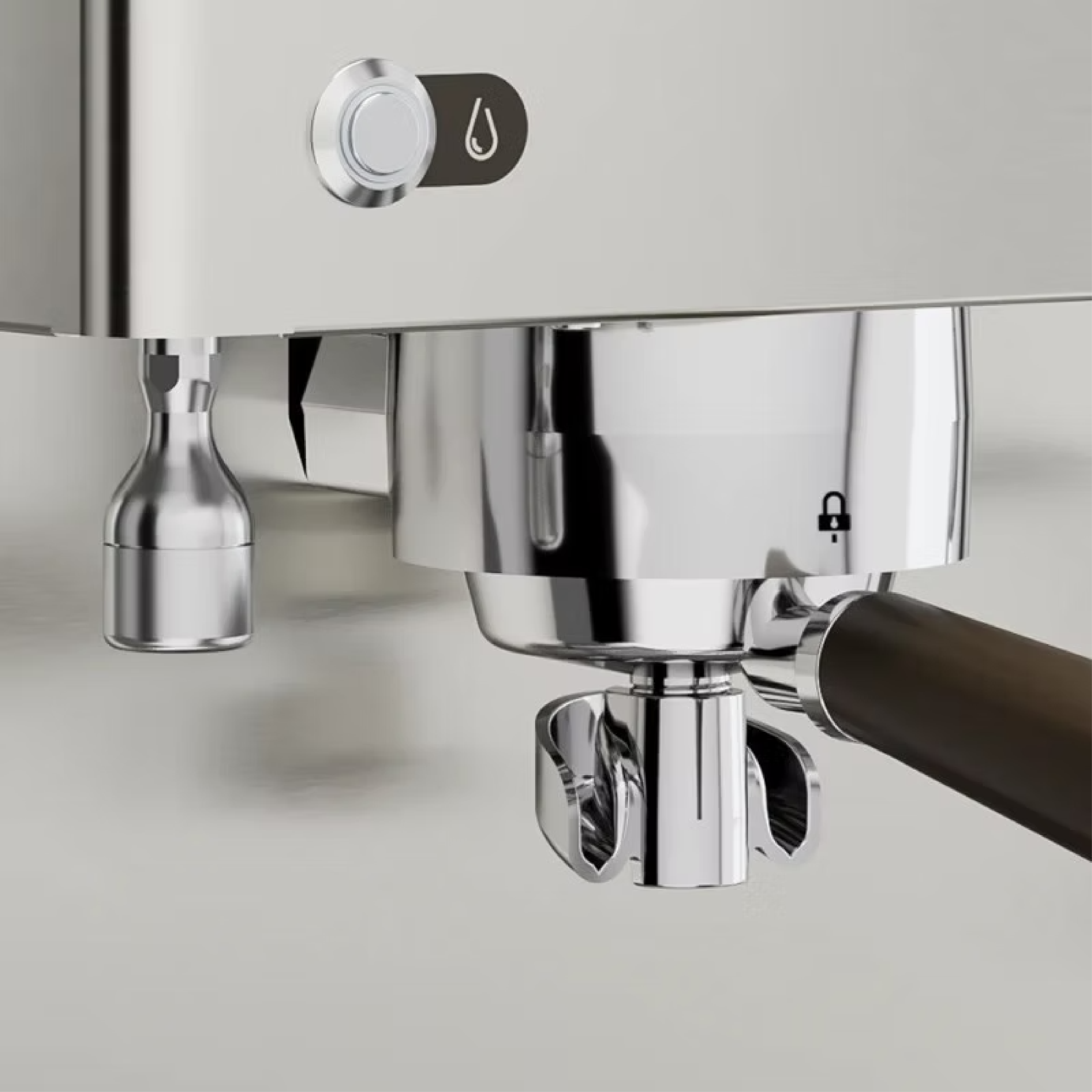 Lelit Elizabeth Dual Boiler Espresso Machine. Close up of the coffee slide and fixed wand.