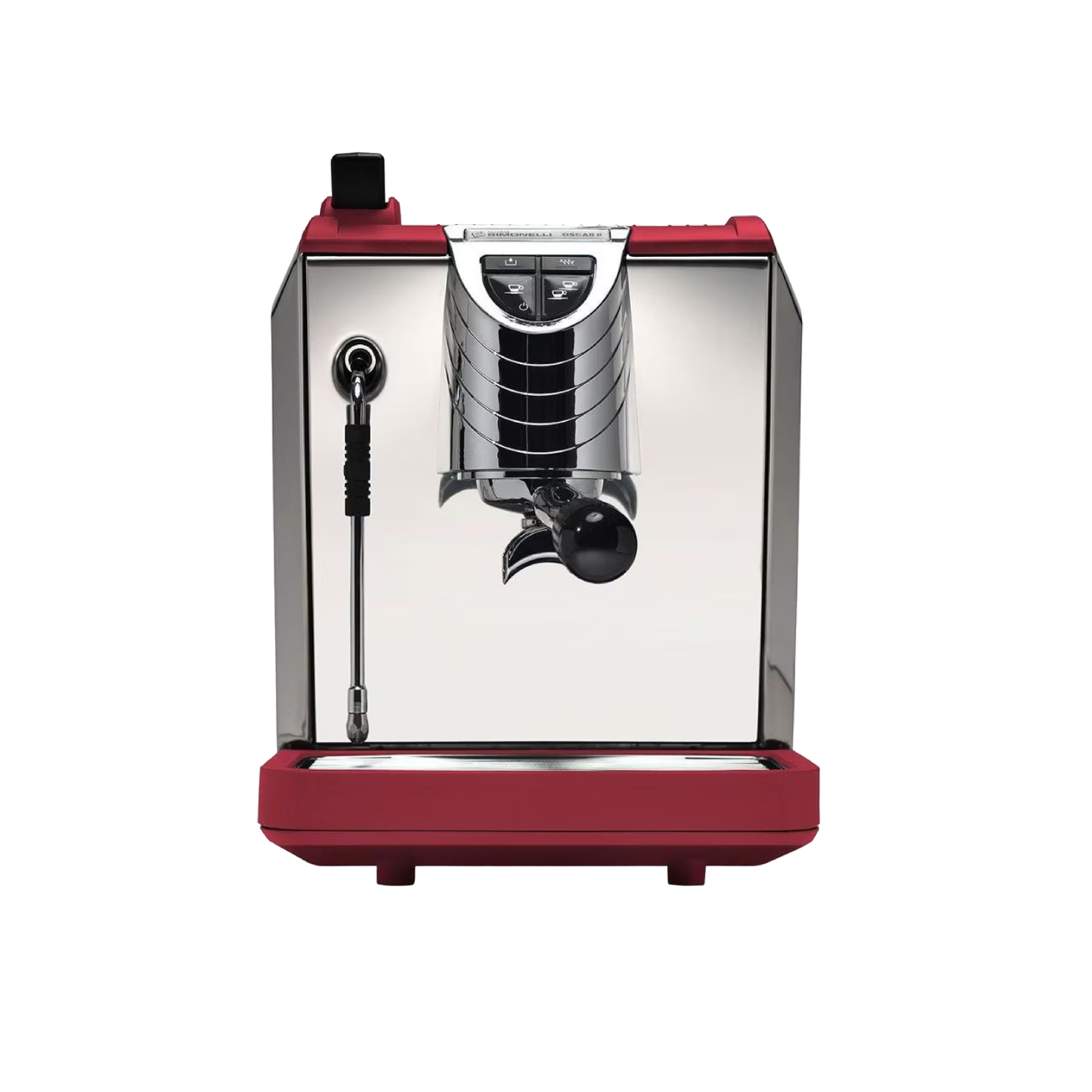 Nuova Simonelli Oscar 2 Espresso Machine (2022 version with OPV) in red. Front view of the machine.