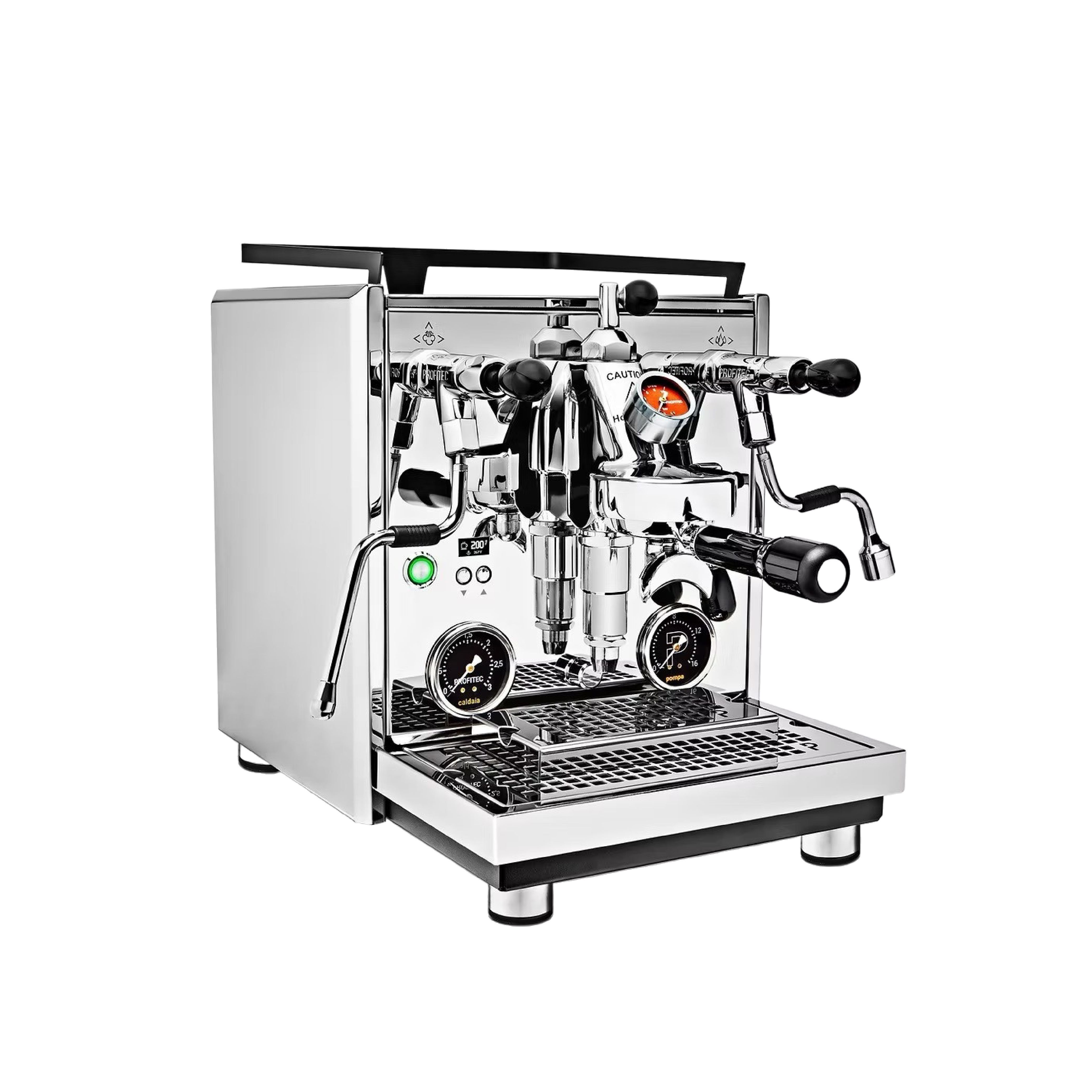 Profitect Drive Dual Boiler Espresso Machine in stainless steel. Front view of the machine.