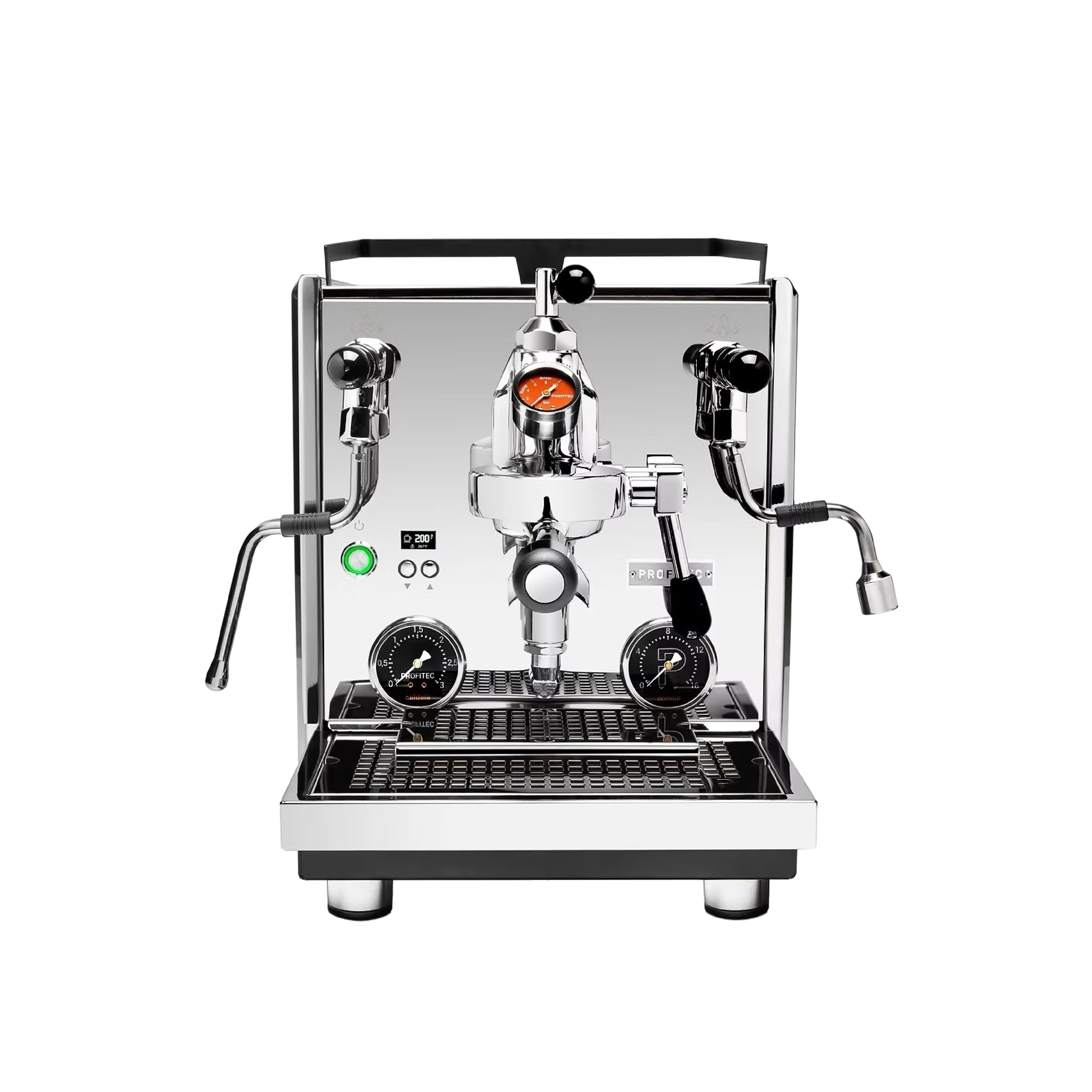 Profitect Drive Dual Boiler Espresso Machine in stainless steel. Front view of the machine.