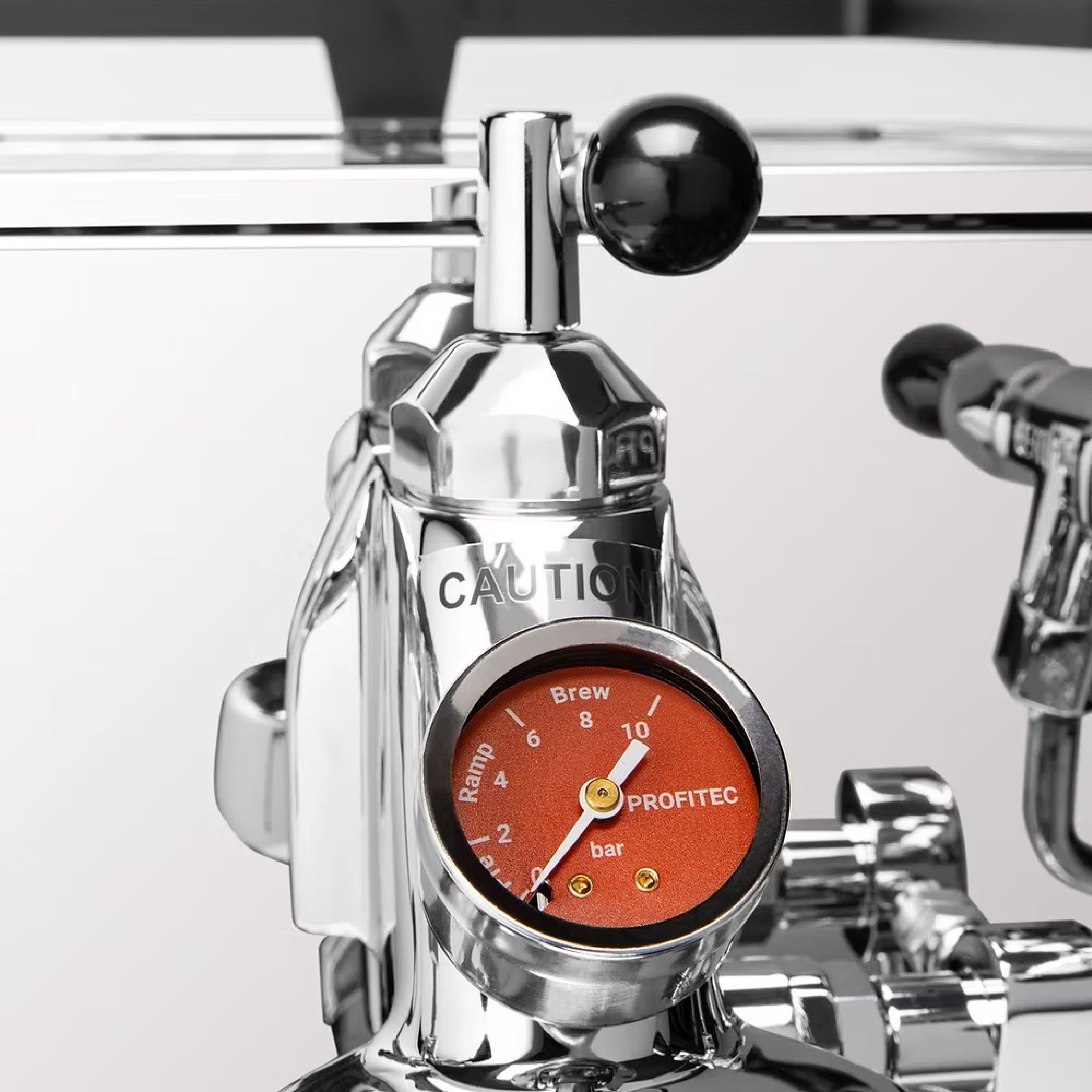 Profitect Drive Dual Boiler Espresso Machine in stainless steel. Close up of the flow profile valve.