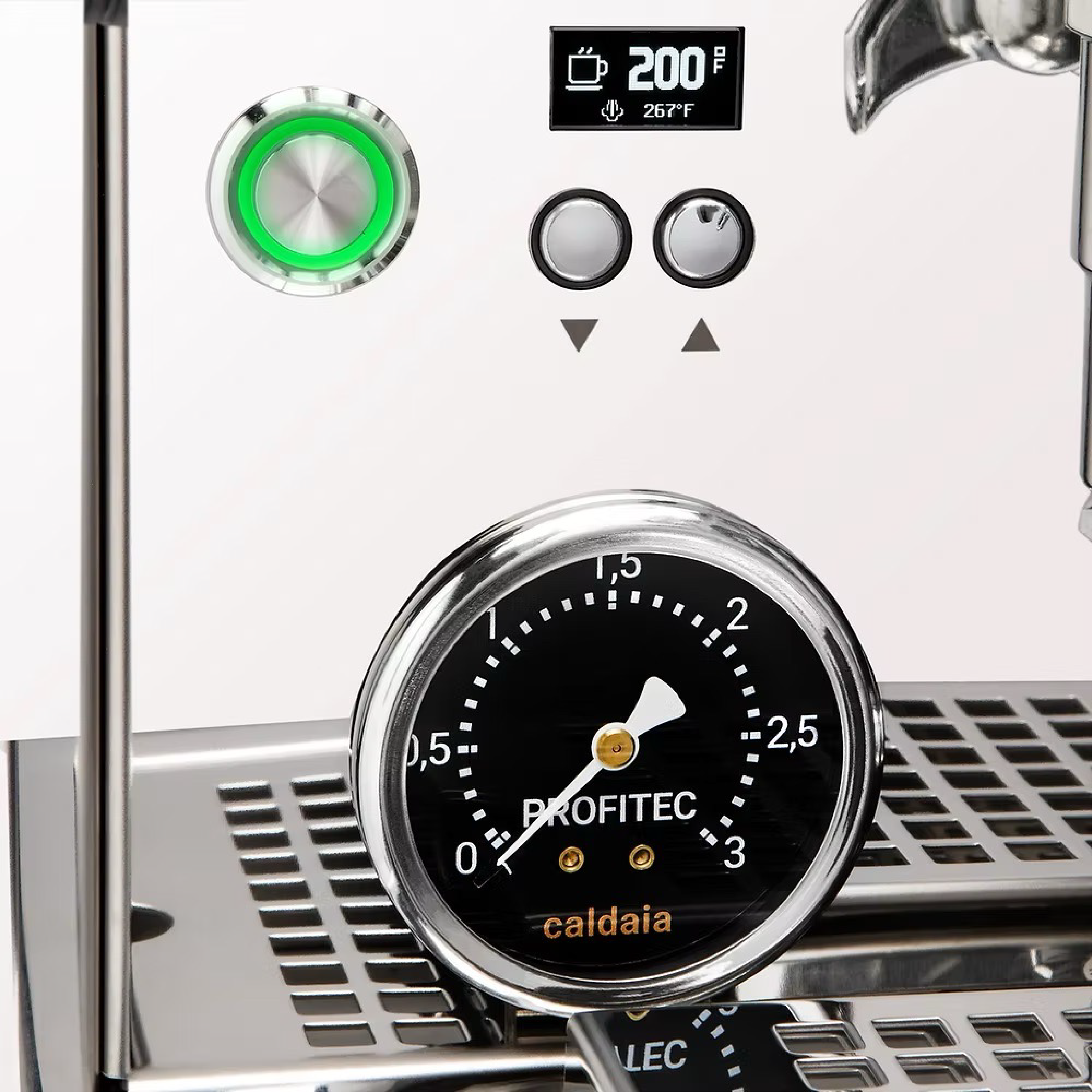 Profitect Drive Dual Boiler Espresso Machine in stainless steel. Close up of the steam manometer and OLED display.