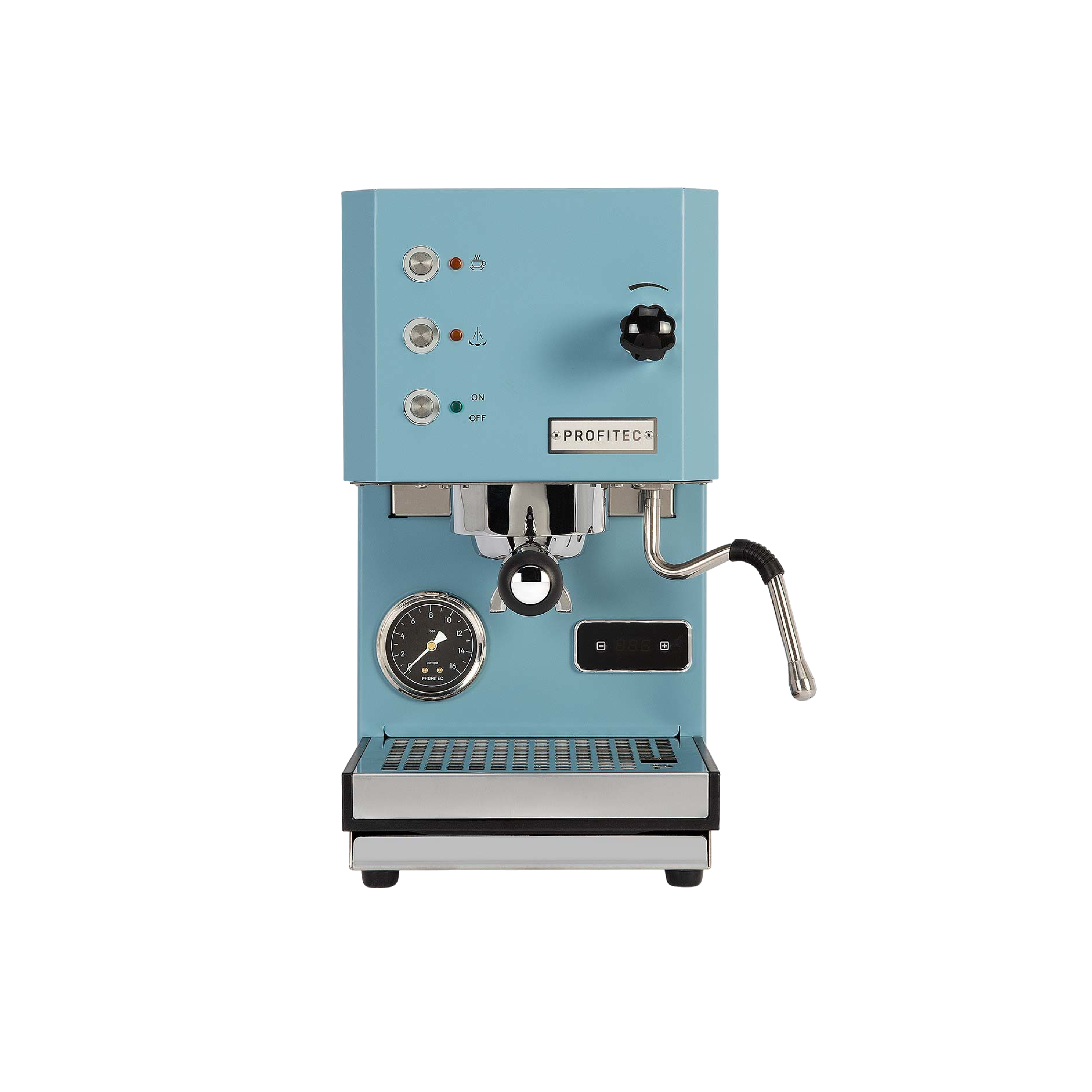 Profitec Pro GO Espresso Machine in blue. Front view of the machine.