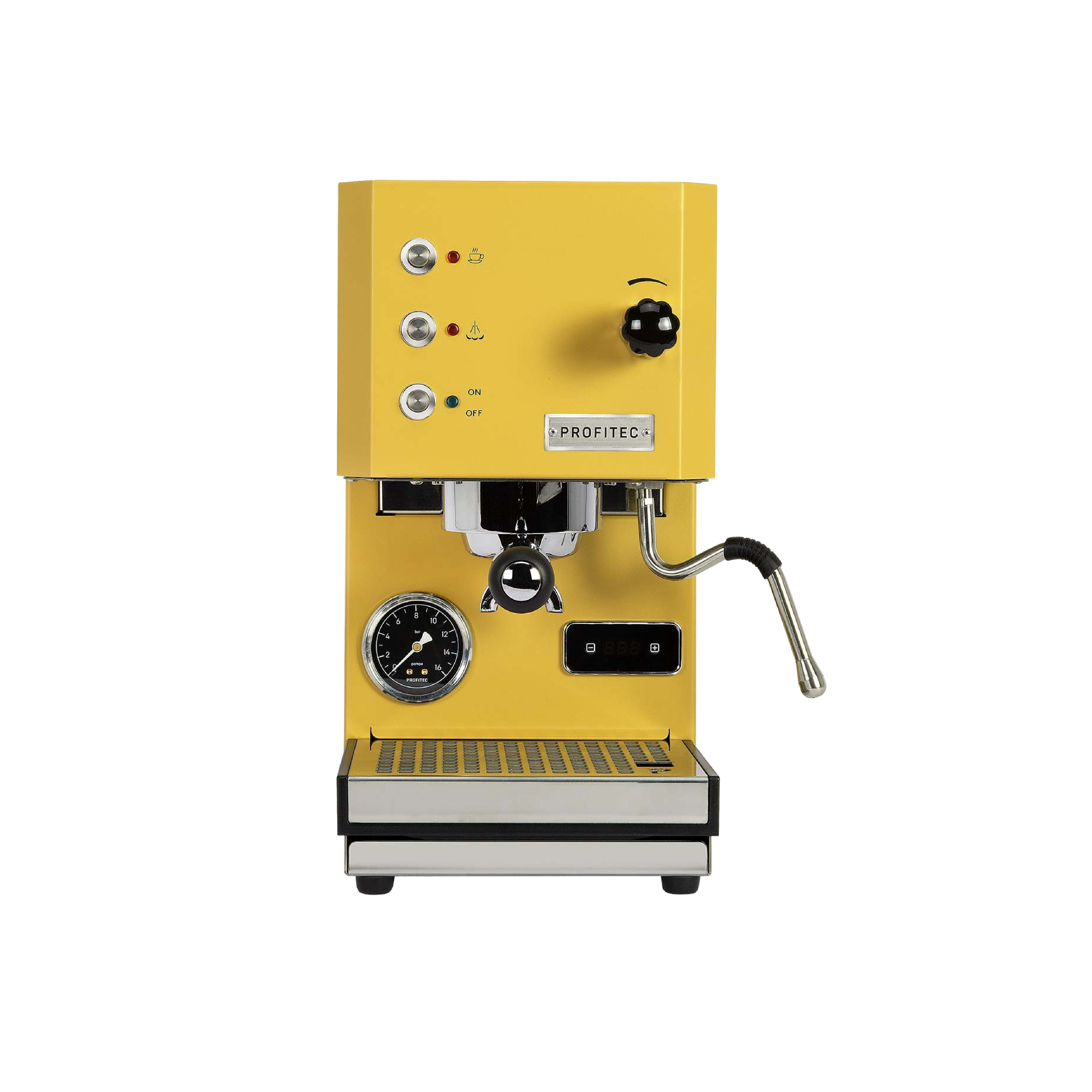 Profitec Pro GO Espresso Machine in yellow. Front view of the machine.