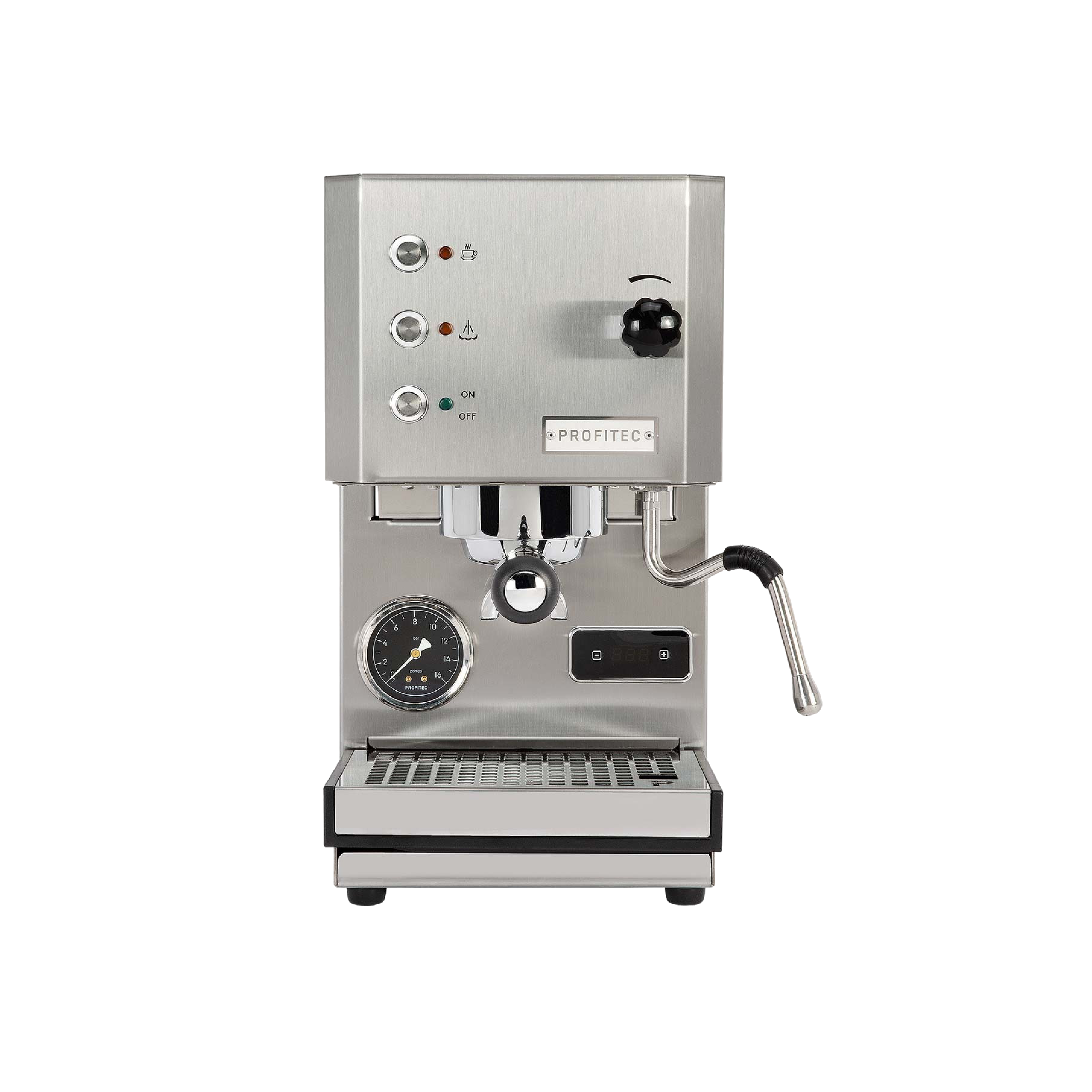 Profitec Pro GO Espresso Machine in brushed stainless steel. Front view of the machine.