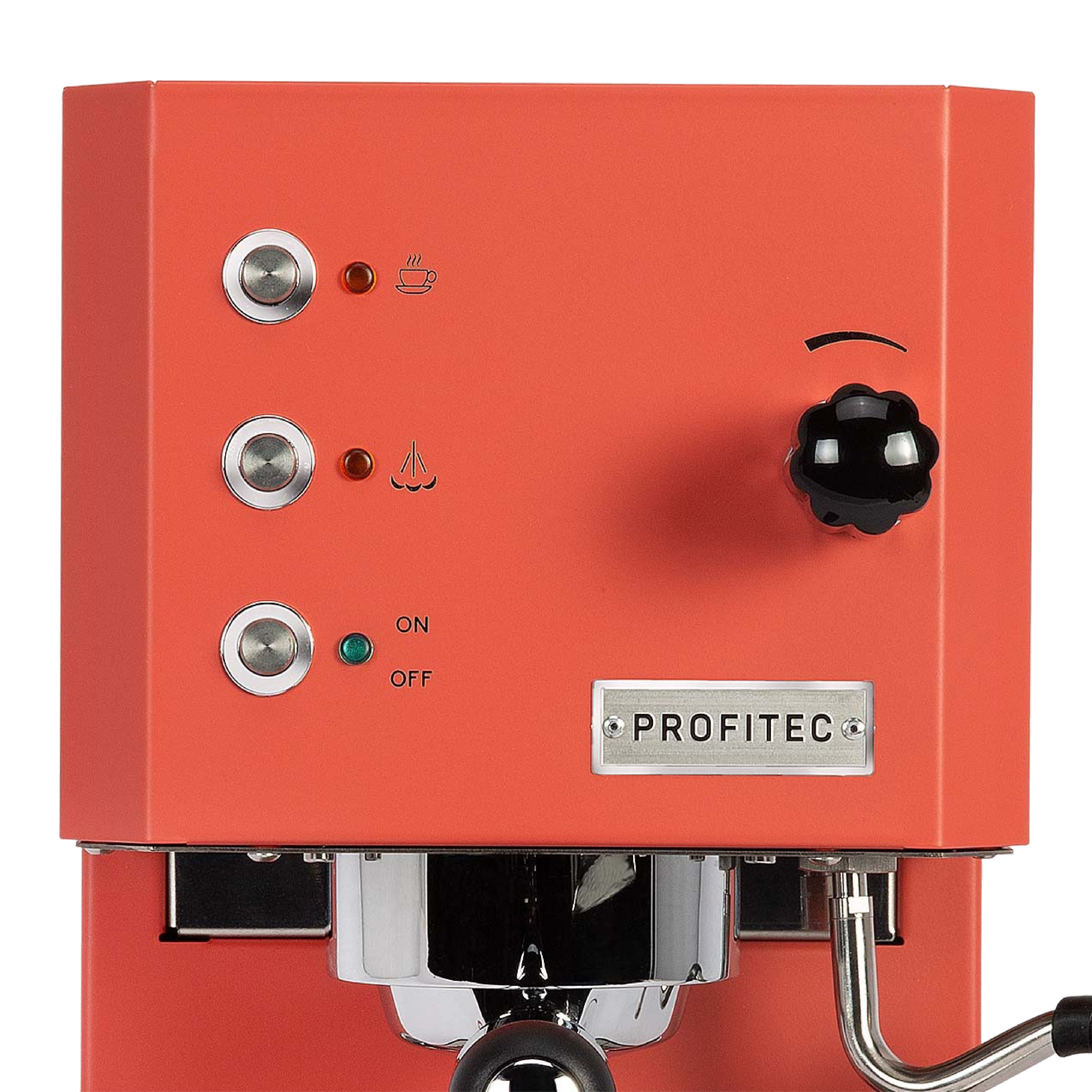 Profitec Pro GO Espresso Machine in red. Close up of button panel of the machine.