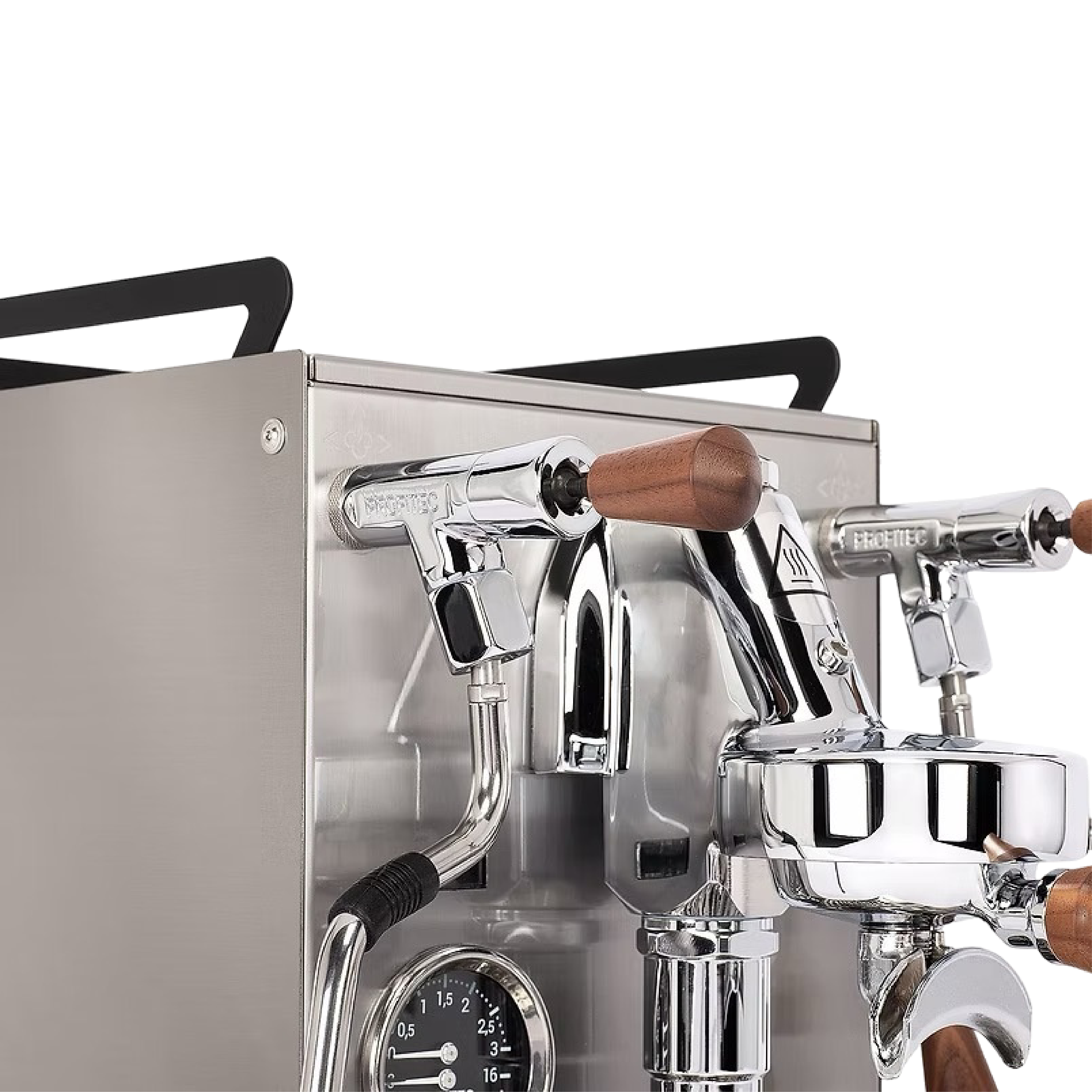 Profitec JUMP Espresso Machine. Close up of american wood handles.