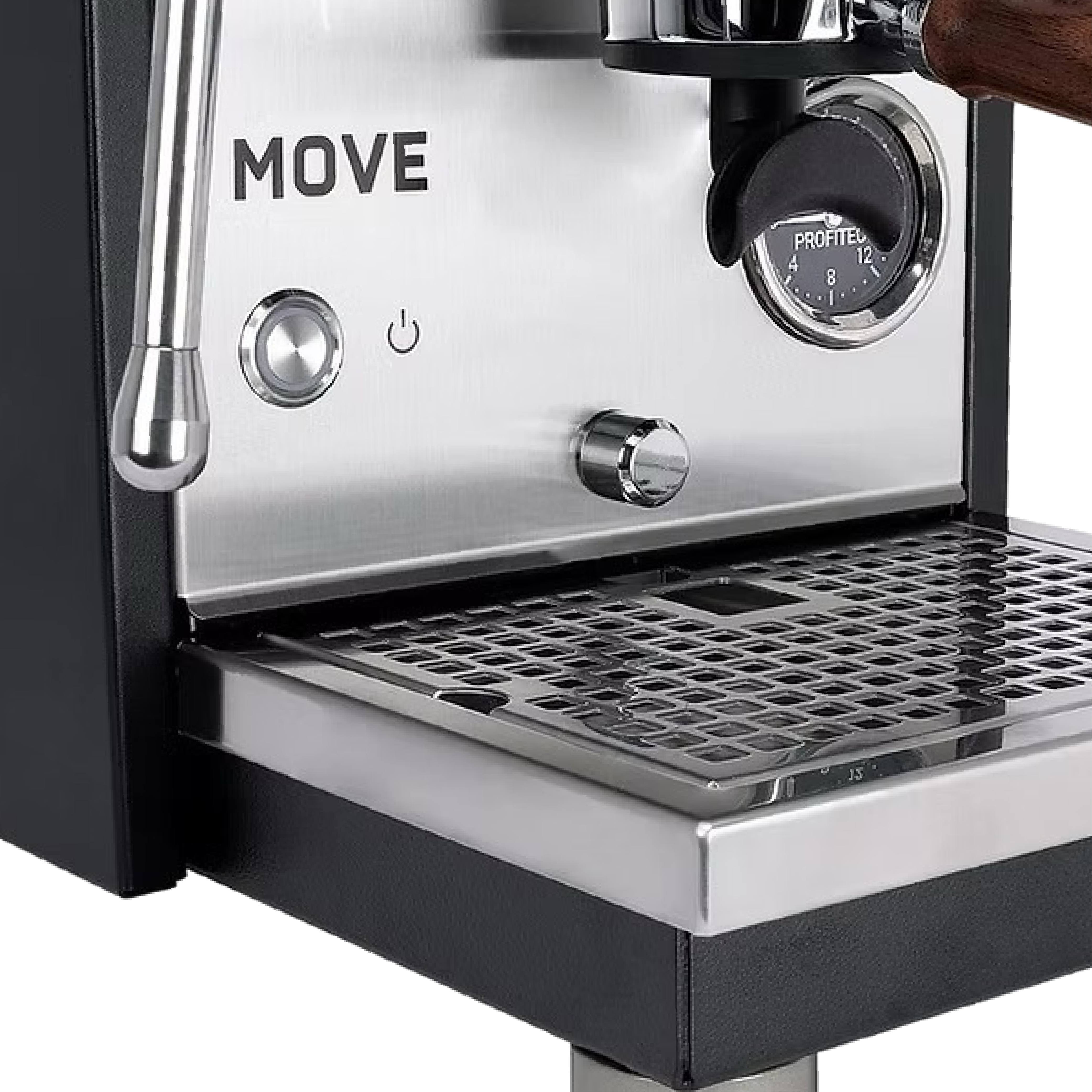 Profitect MOVE Dual Boiler Espresso Machine. Close up of manometer and drip tray.