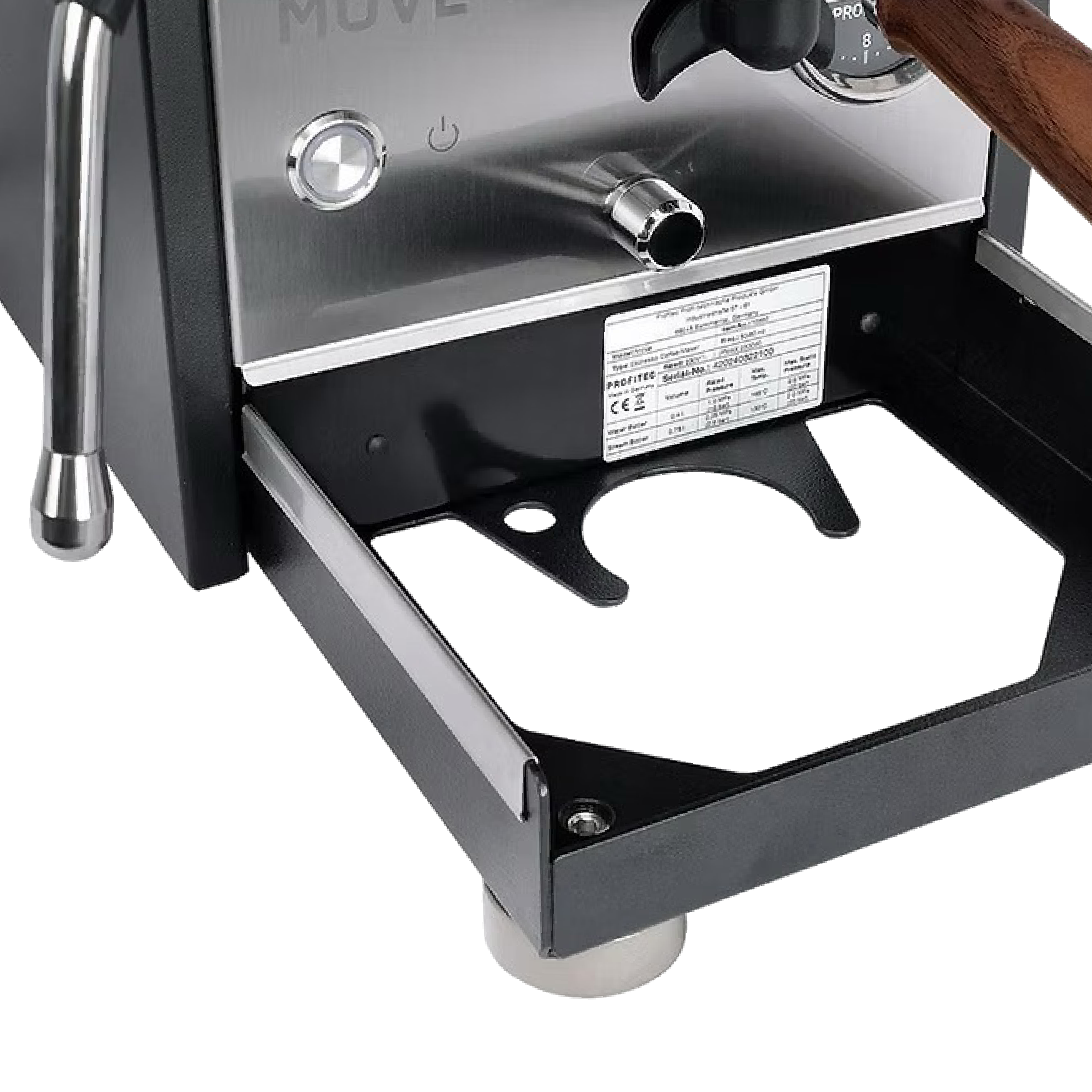 Profitect MOVE Dual Boiler Espresso Machine. Close up of bottomless filter holder.