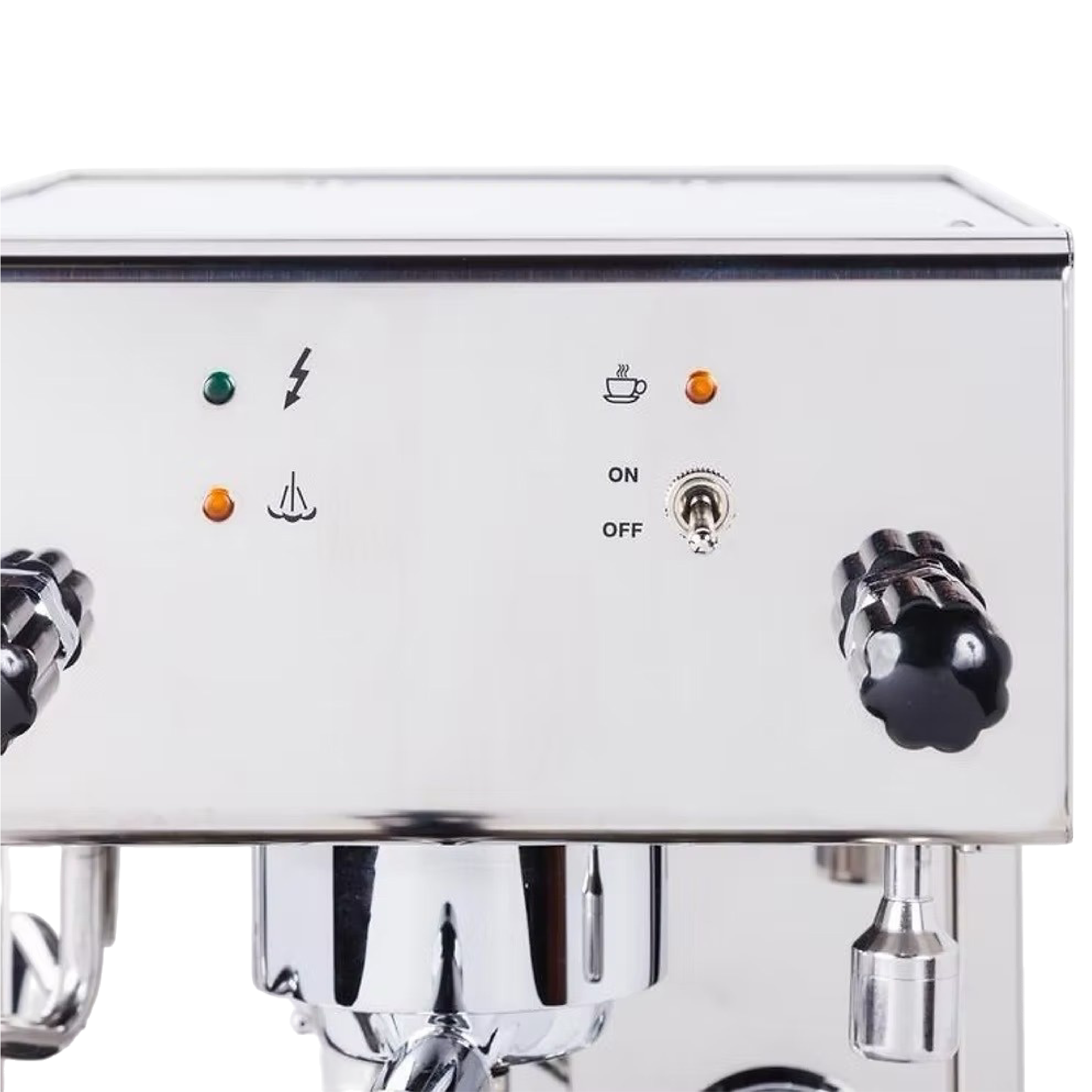 Profitec Pro 300 Dual Boiler Espresso Machine. Close up of the signal lamps and coffee switch.