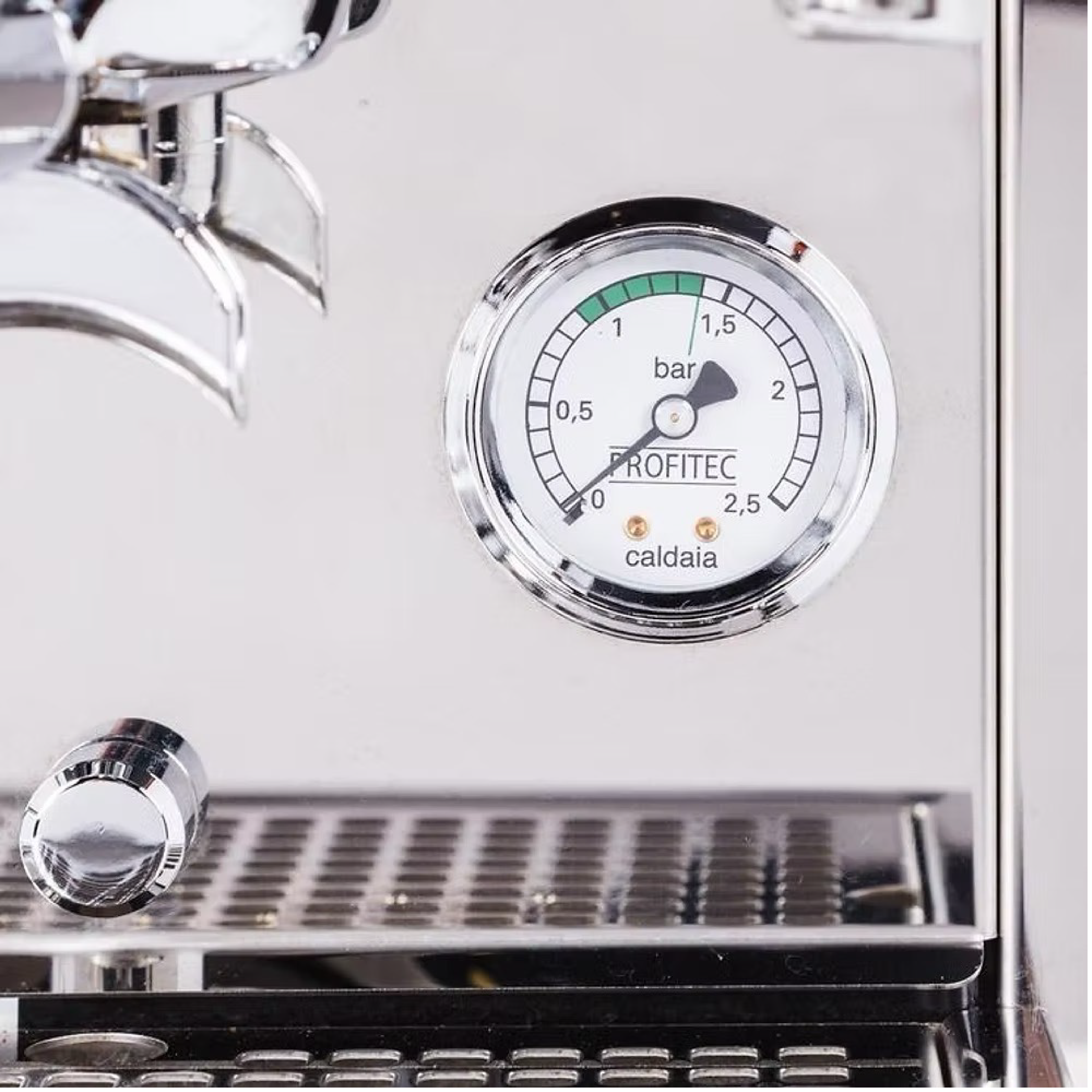Profitec Pro 300 Dual Boiler Espresso Machine. Close up of the boiler pressure gauge.