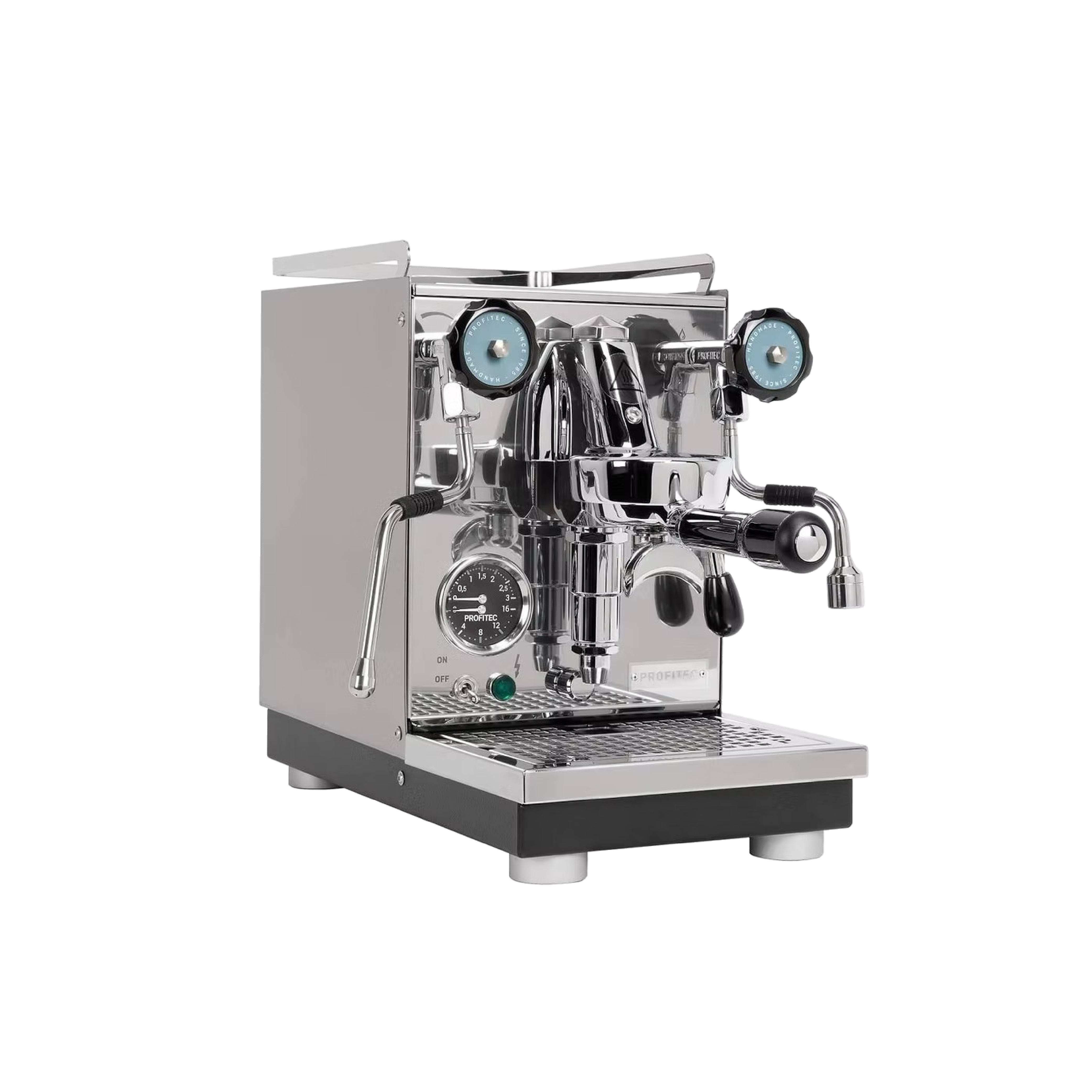 Profitec Pro 400 Espresso Machine. Front view of the machine with blue color valve disclet.