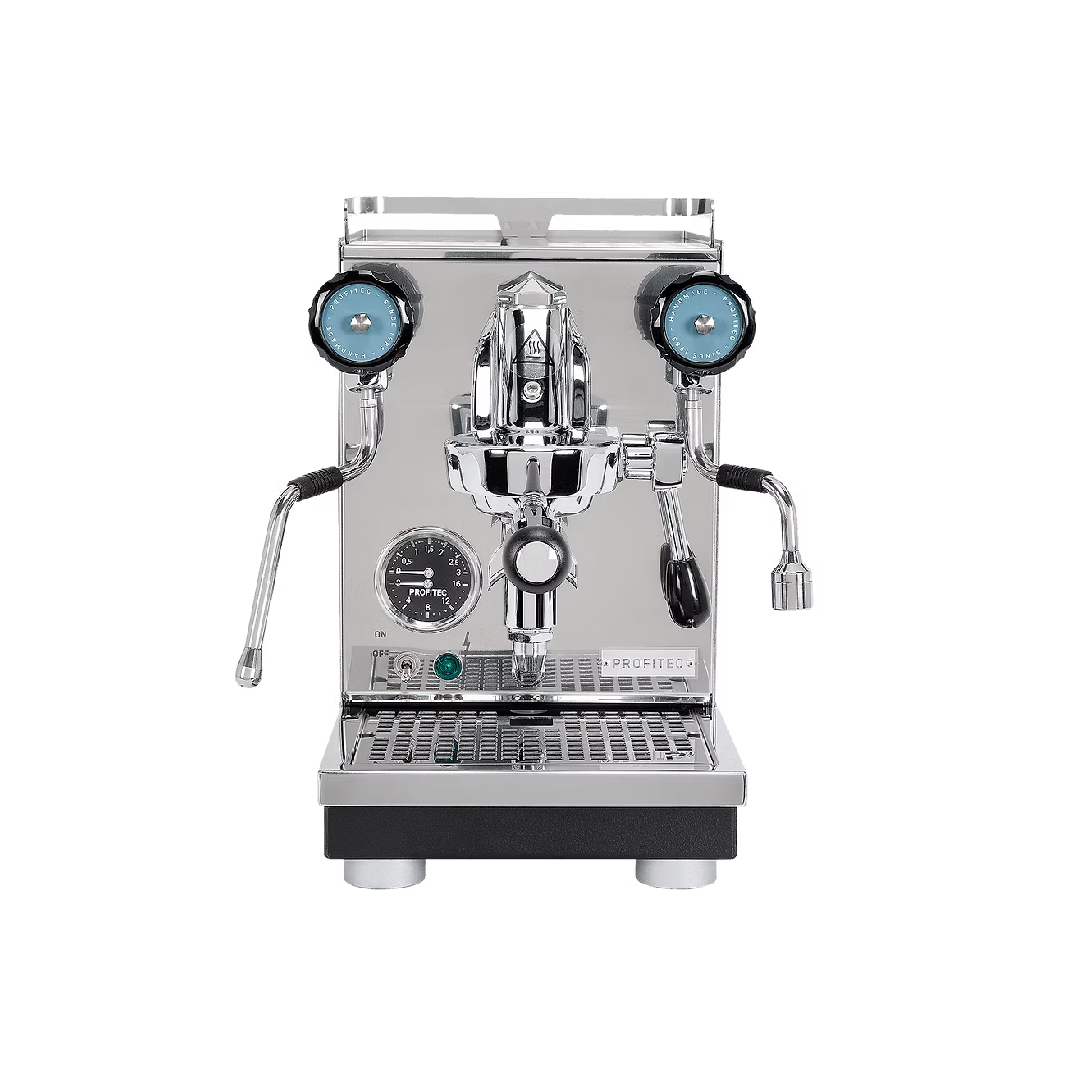 Profitec Pro 400 Espresso Machine. Front view of the machine with blue color valve disclet.