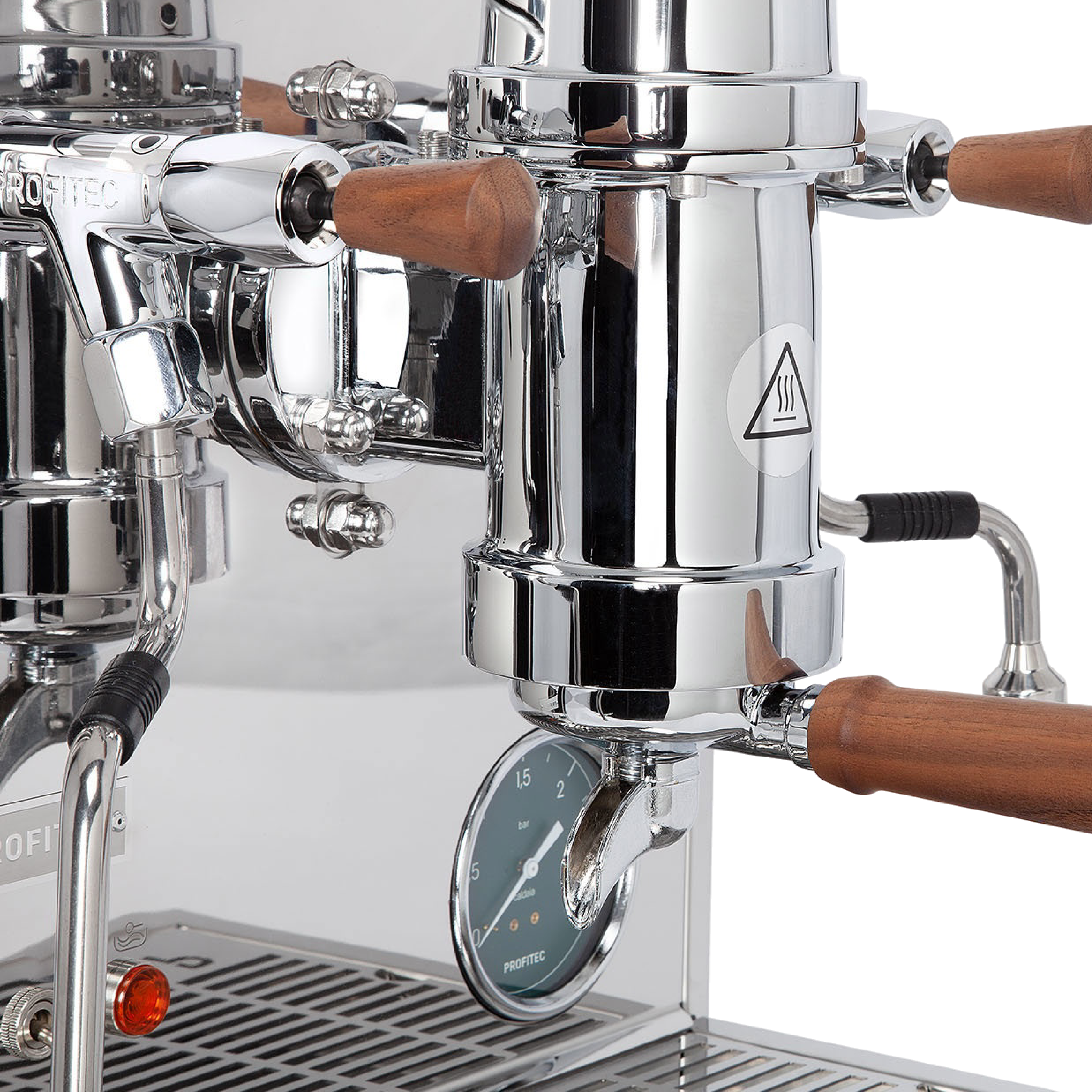 Profitec Pro 800 V2 Lever Espresso Machine. Close up of handmade wooden level valves and portafilter holder from american walnut.