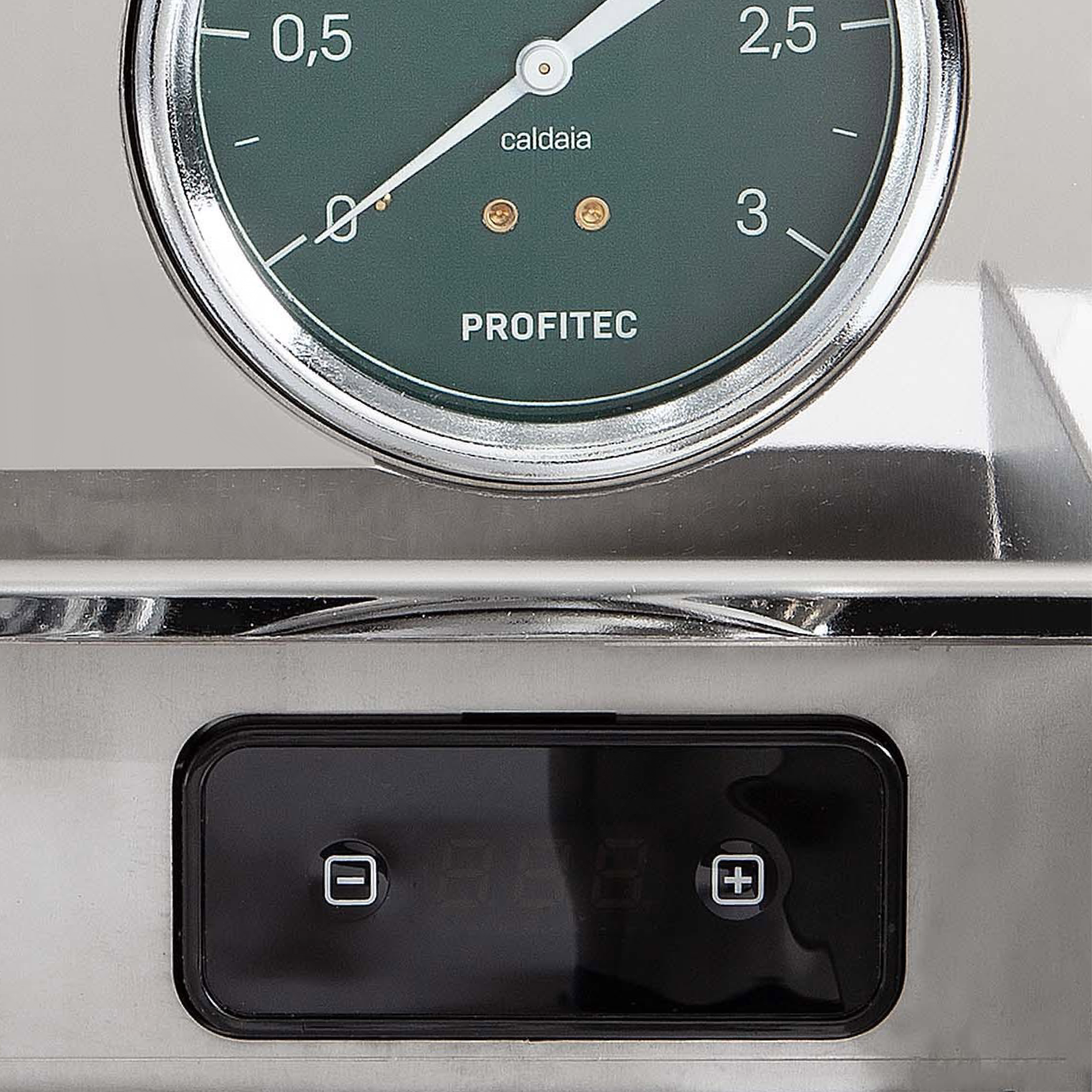 Profitec Pro 800 V2 Lever Espresso Machine. Close up of pressure gauge and PID display.