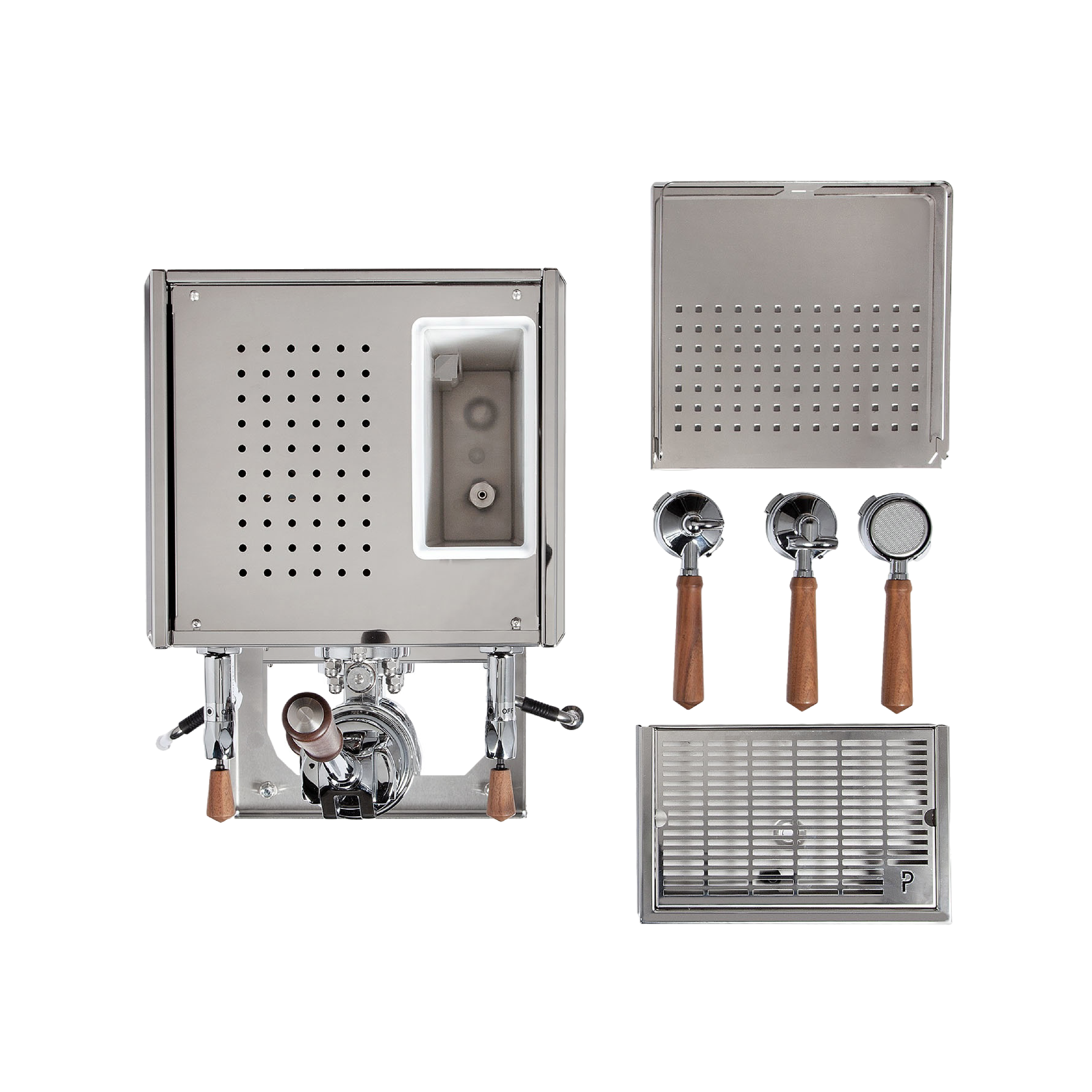 Profitec Pro 800 V2 Lever Espresso Machine. Top view of the machine, the water tank, cup warming tray, drip tray and portafilters.