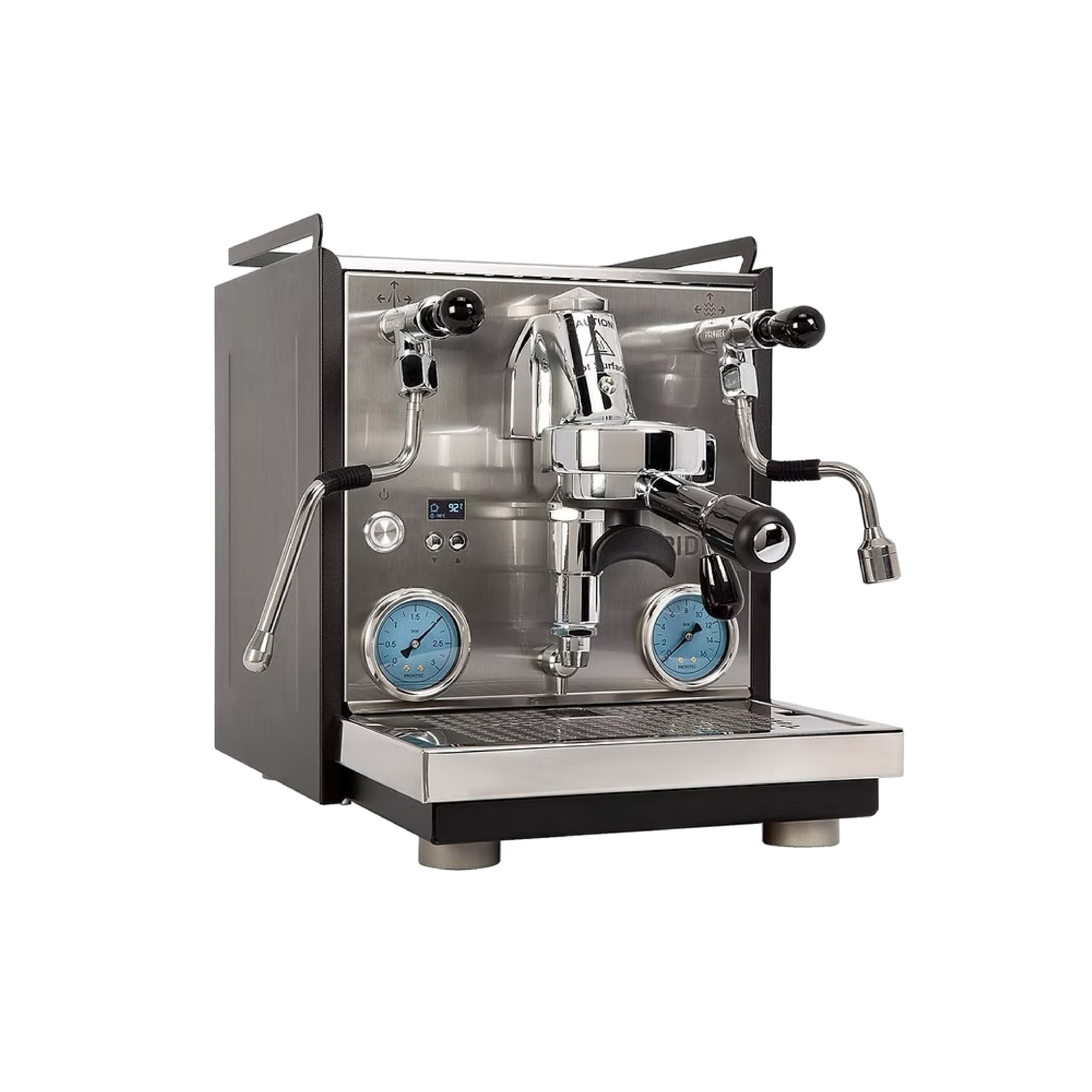 Profitec RIDE Dual Boiler Espresso Machine. Front view of the machine with satin-finished front and matte black side panel.