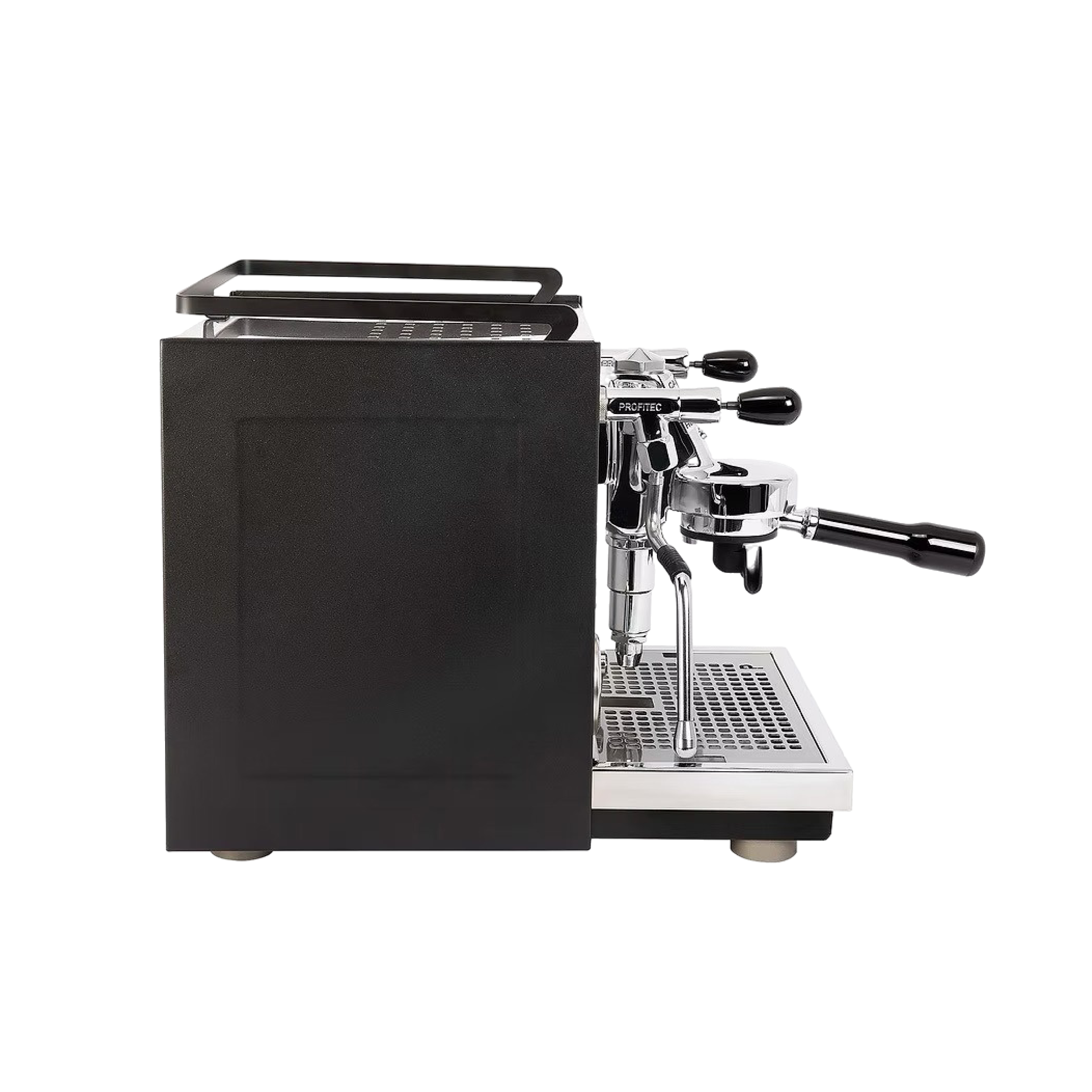 Profitec RIDE Dual Boiler Espresso Machine. Side view of the machine with matte black side panel.