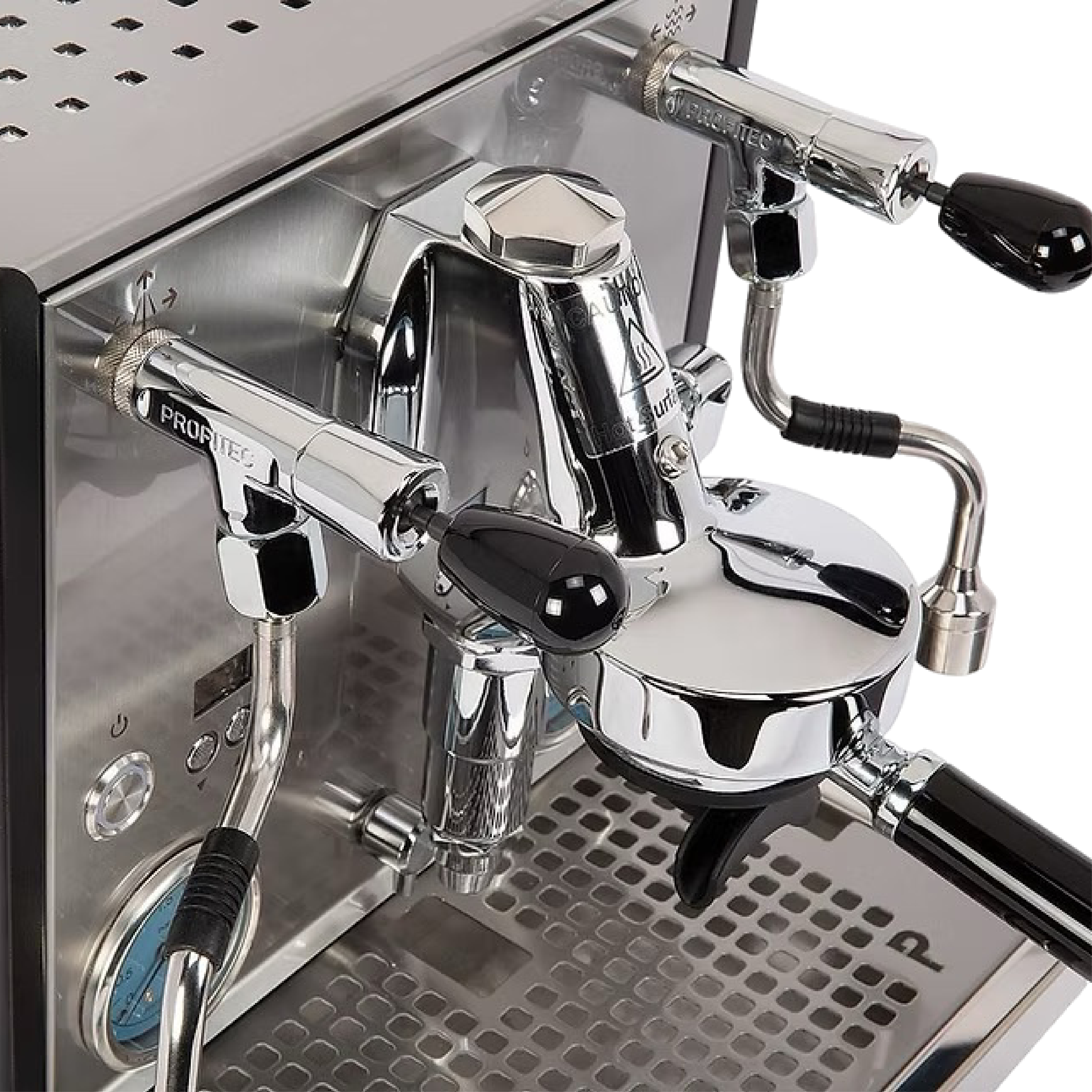 Profitec RIDE Dual Boiler Espresso Machine. Close up of the E61 grouphead and joystick valves.